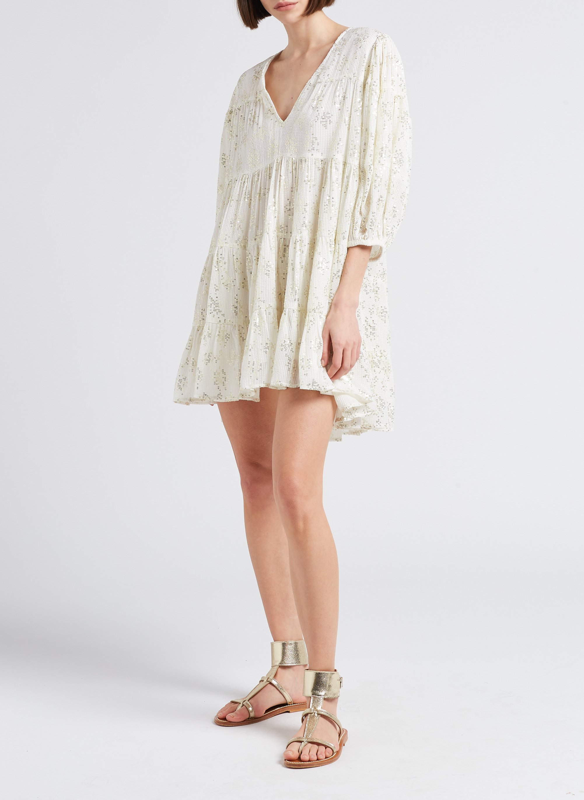 Wijde jurk met V-hals en lovertjes SUNDRESS Wit