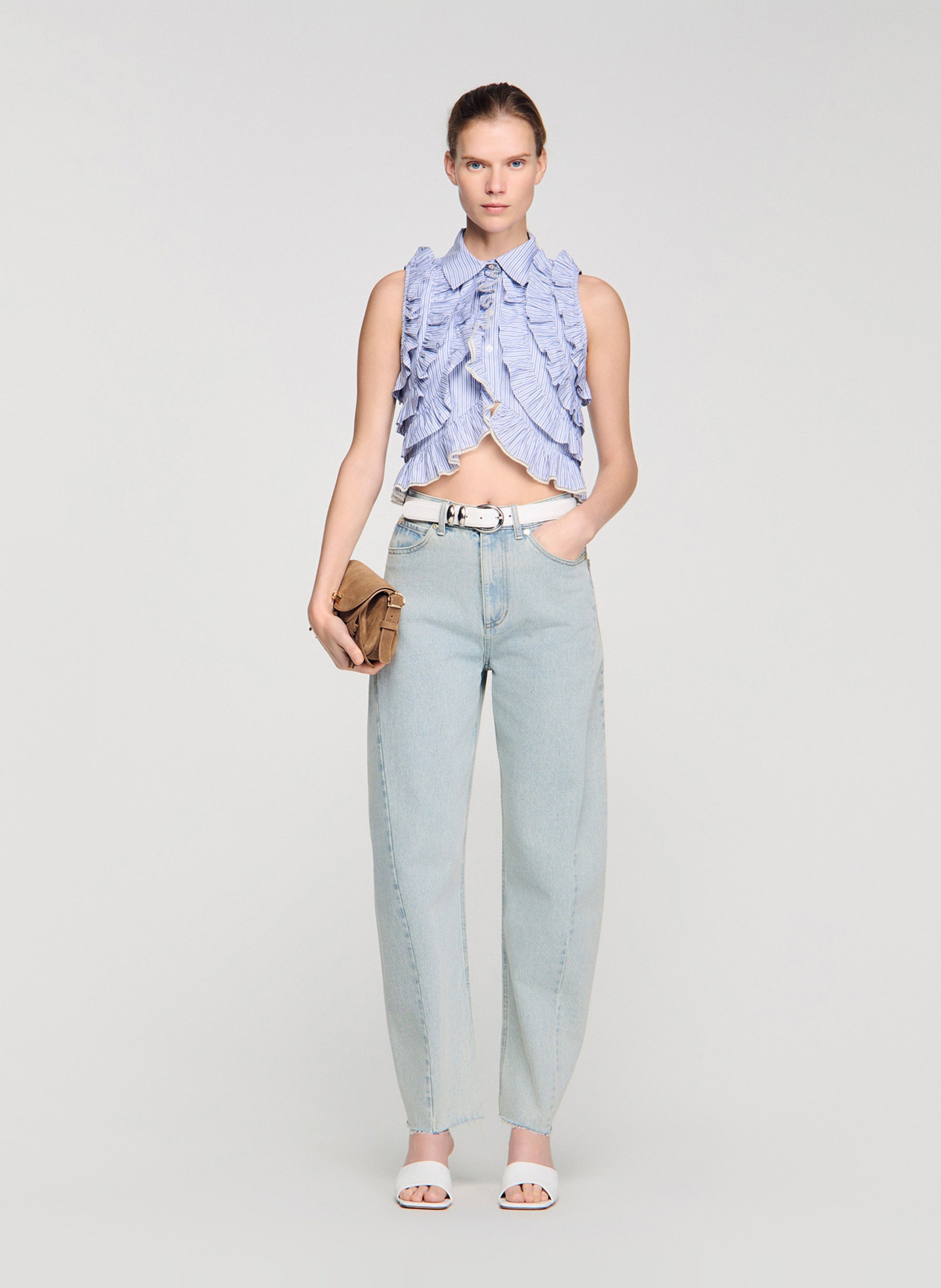 Chemise droite col classique en coton rayé SANDRO Bleu