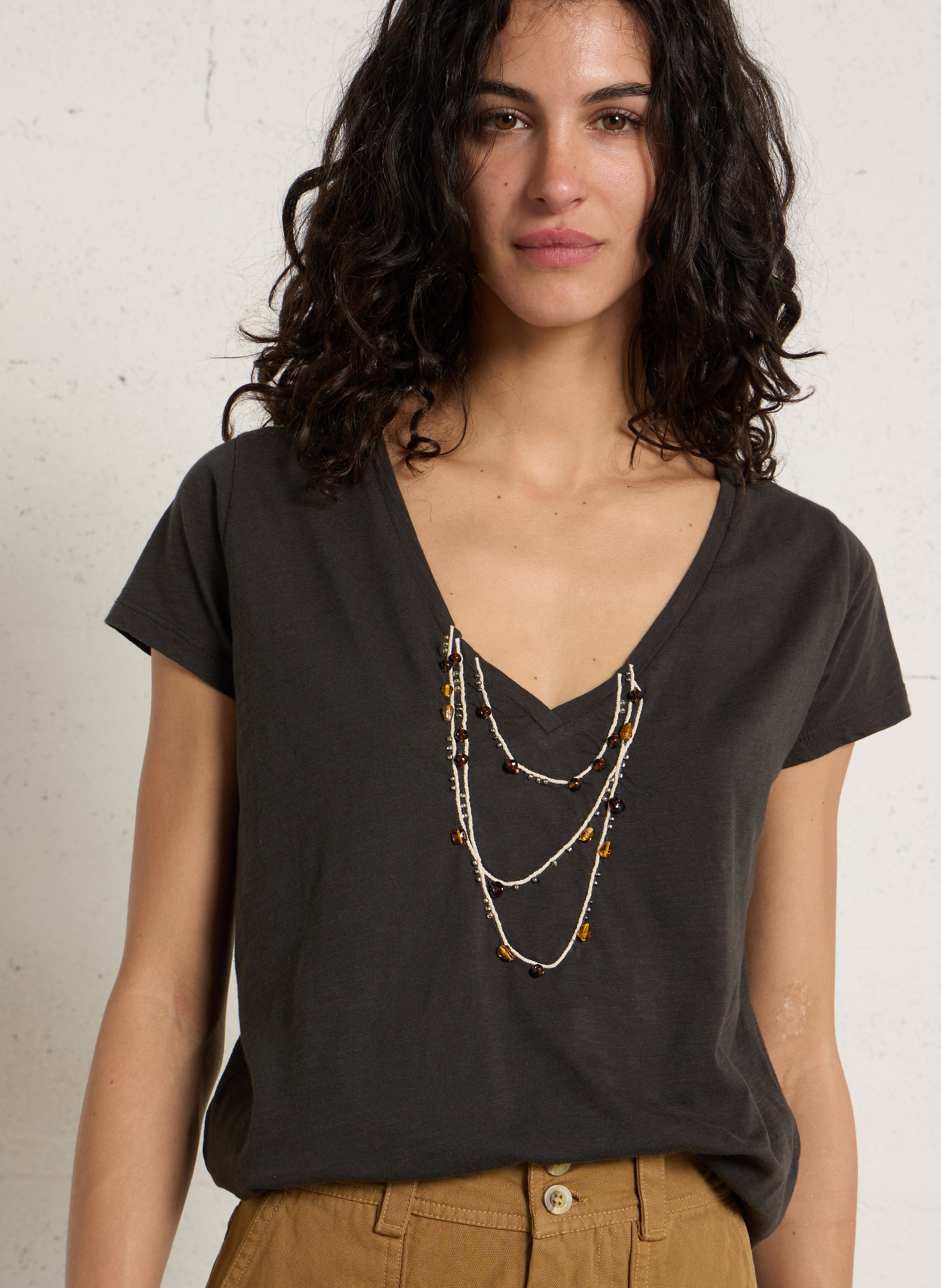 Tee-shirt col V en coton bio LEON & HARPER Gris