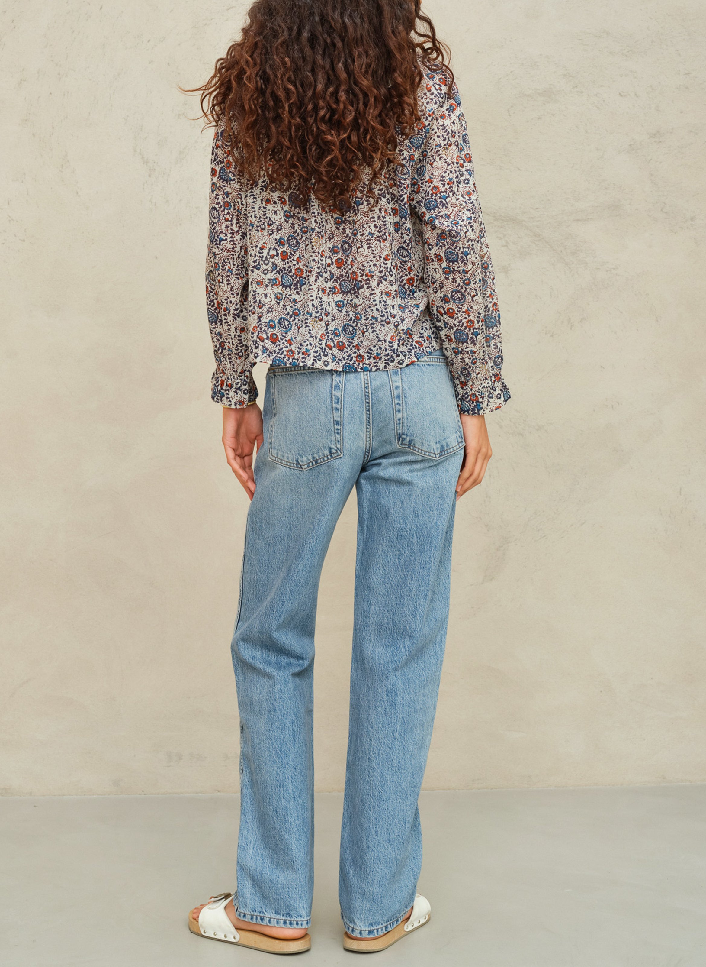 Blouse droite col V en coton imprimé M.A.B.E Bleu