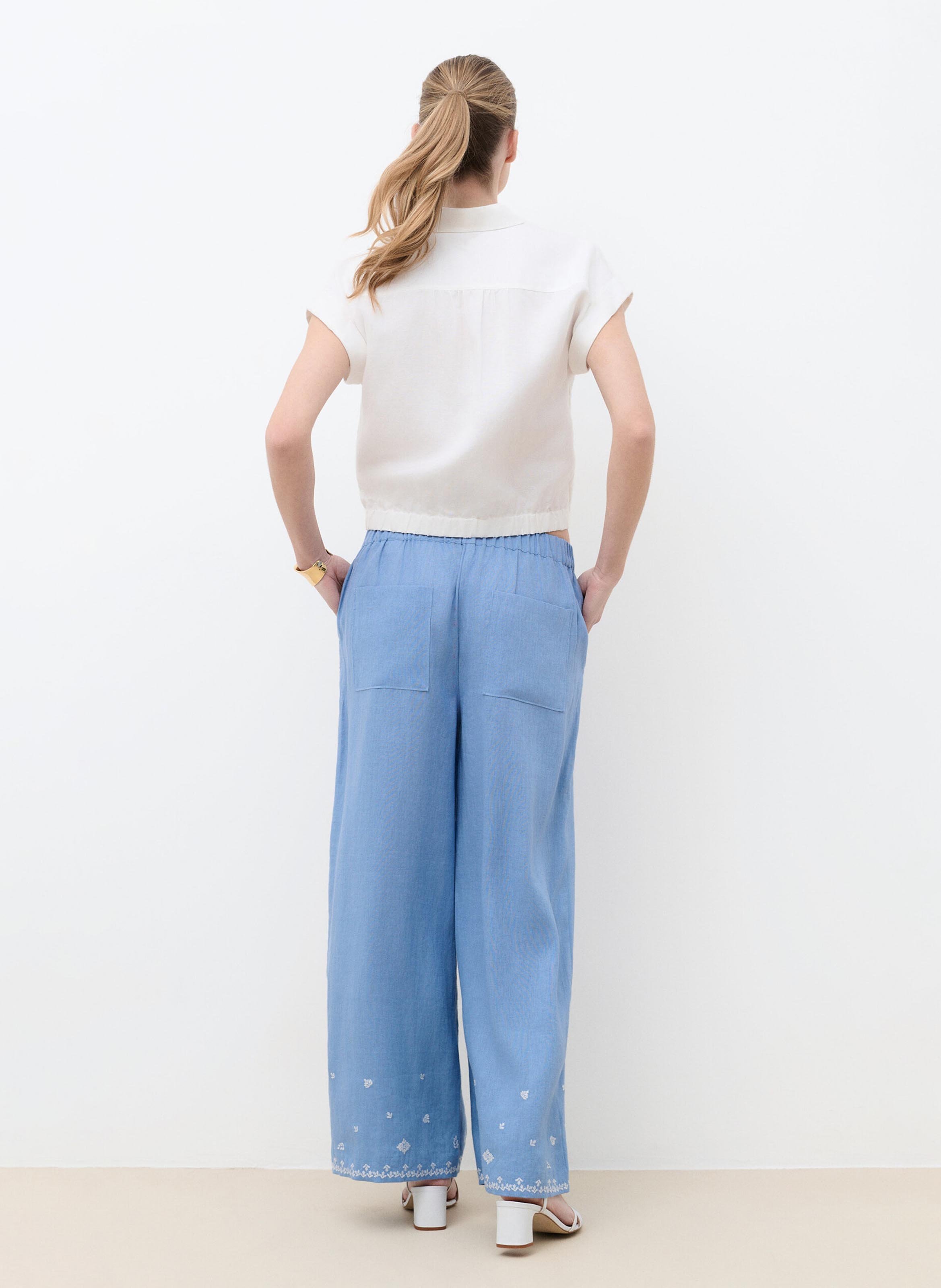 Chemise droite col classique en lin mélangé brodée CAROLL Blanc