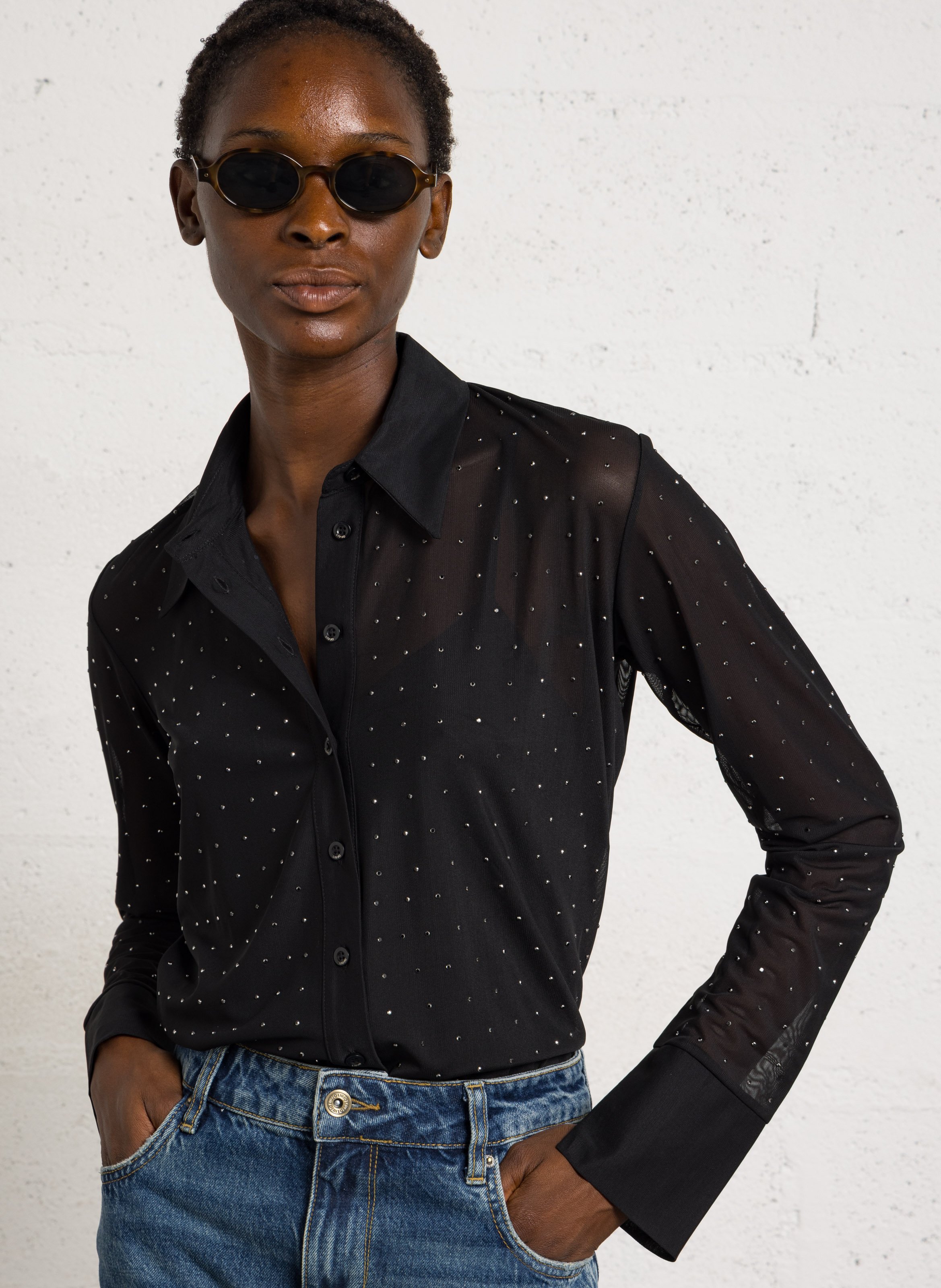 Straight shirt with transparent rhinestones LIU JO Black