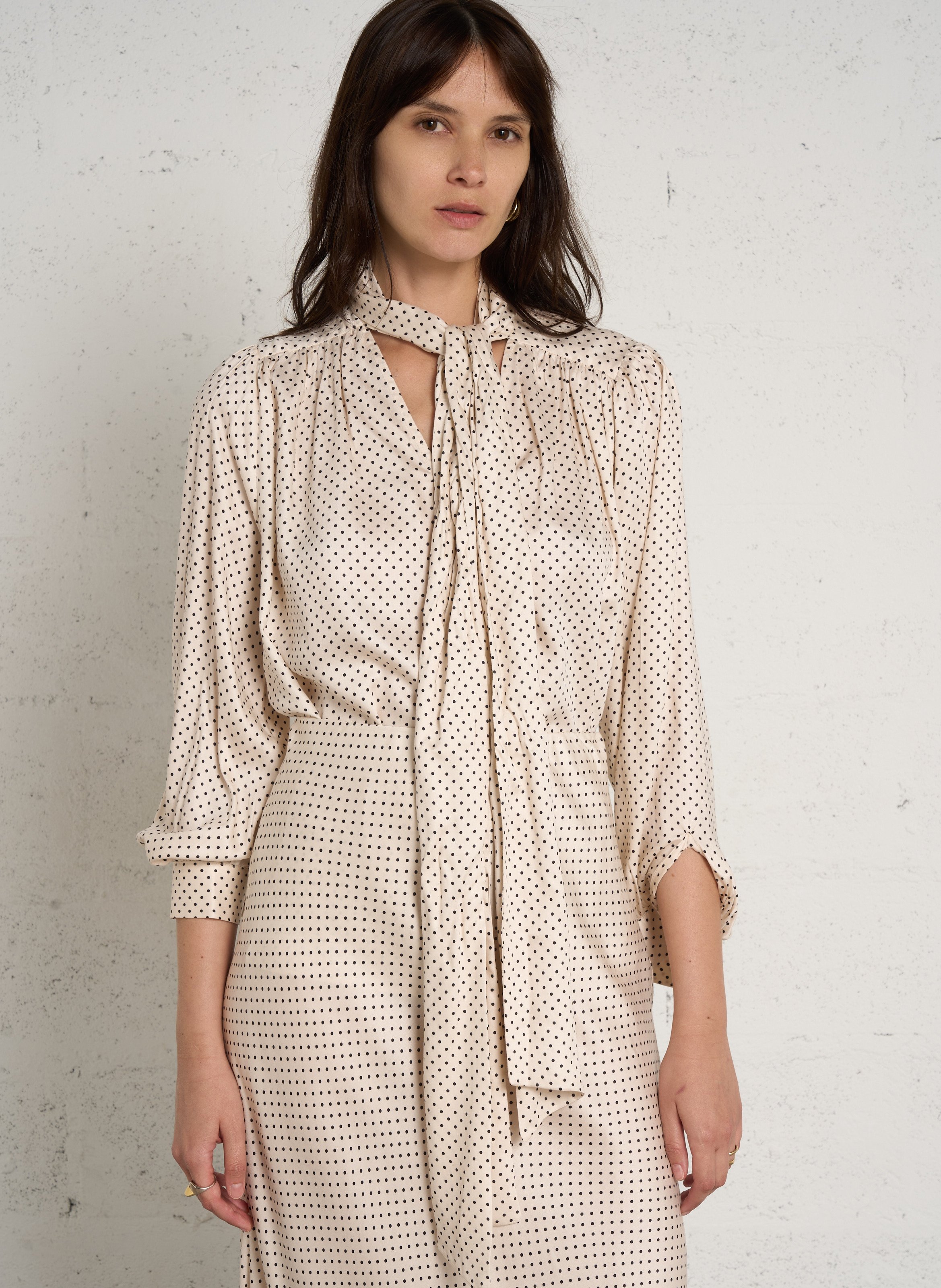 Straight satin polka dot pussy bow blouse IKKS White