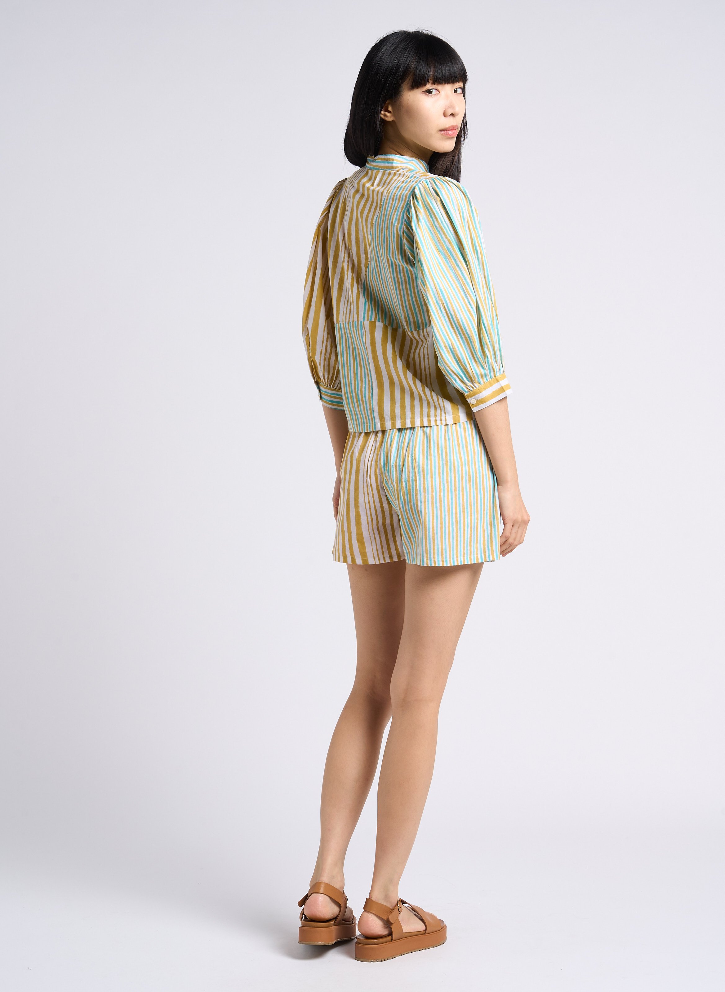 Chemise droite col mao en coton Jaune