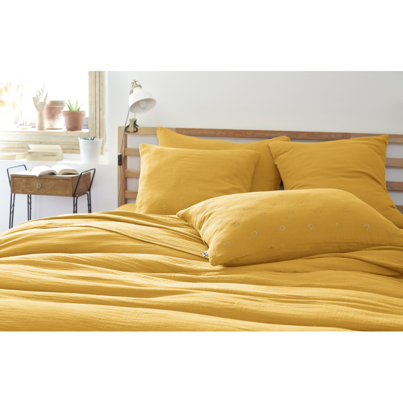 Cotton percale pillow case L'EFFET PAPILLON Yellow
