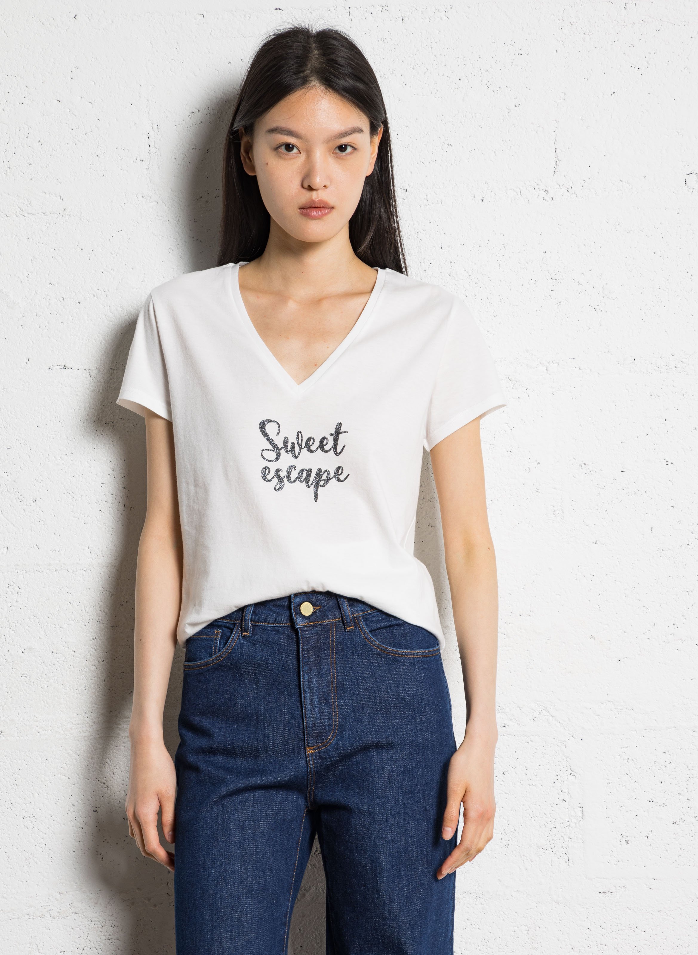 Tee-shirt droit en coton sérigraphié I CODE Blanc