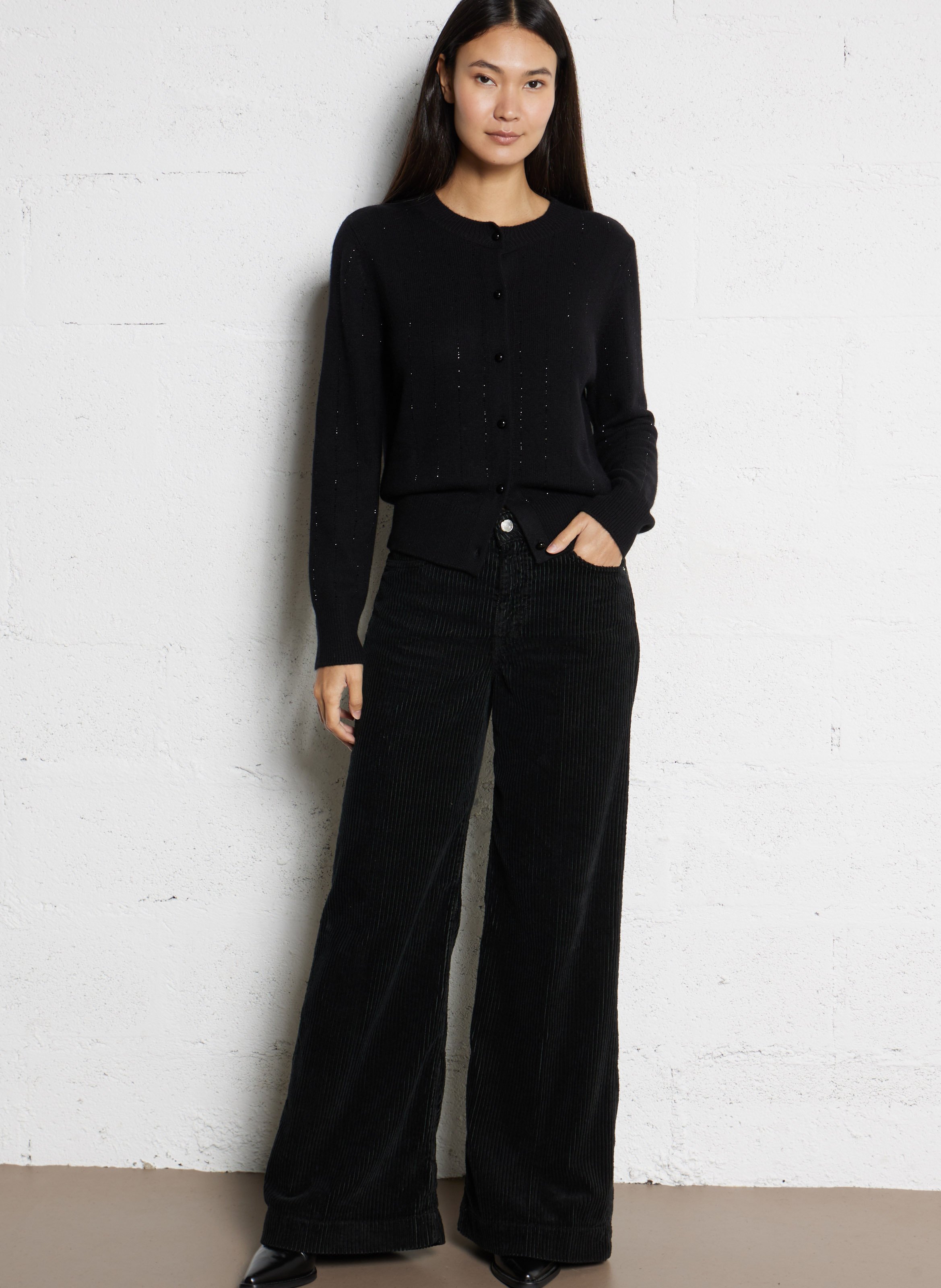 Weiter Rundhalsausschnitt Strass Oversize-Weste aus Merinowolle und Kaschmir BERENICE Schwarz