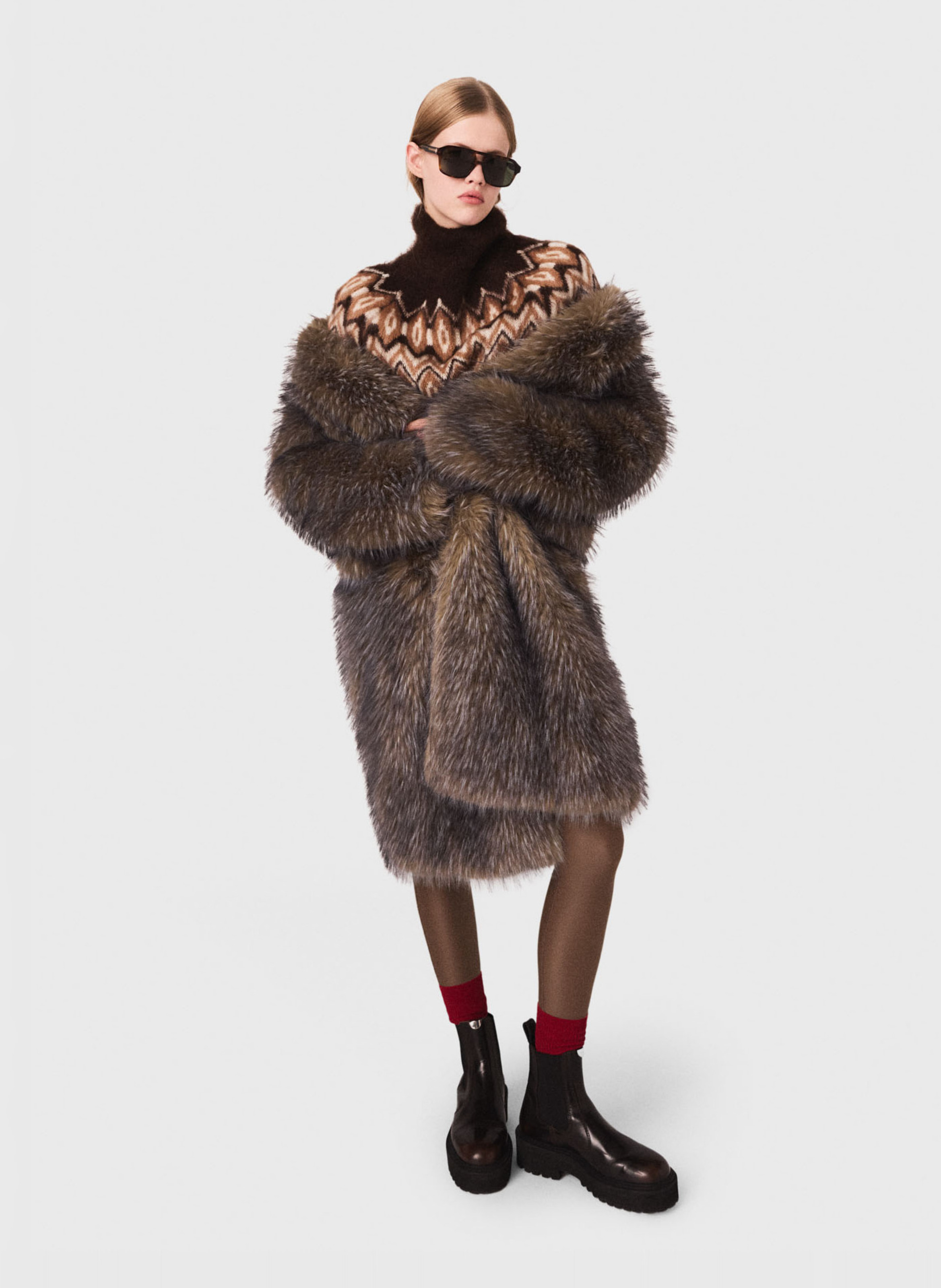 Manteau col rond effet fourrure  MAJE Gris