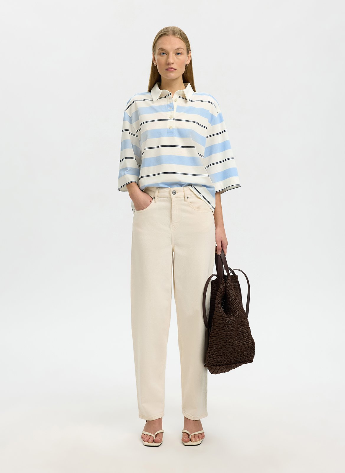 Oversized organic cotton polo shirt SELECTED Beige