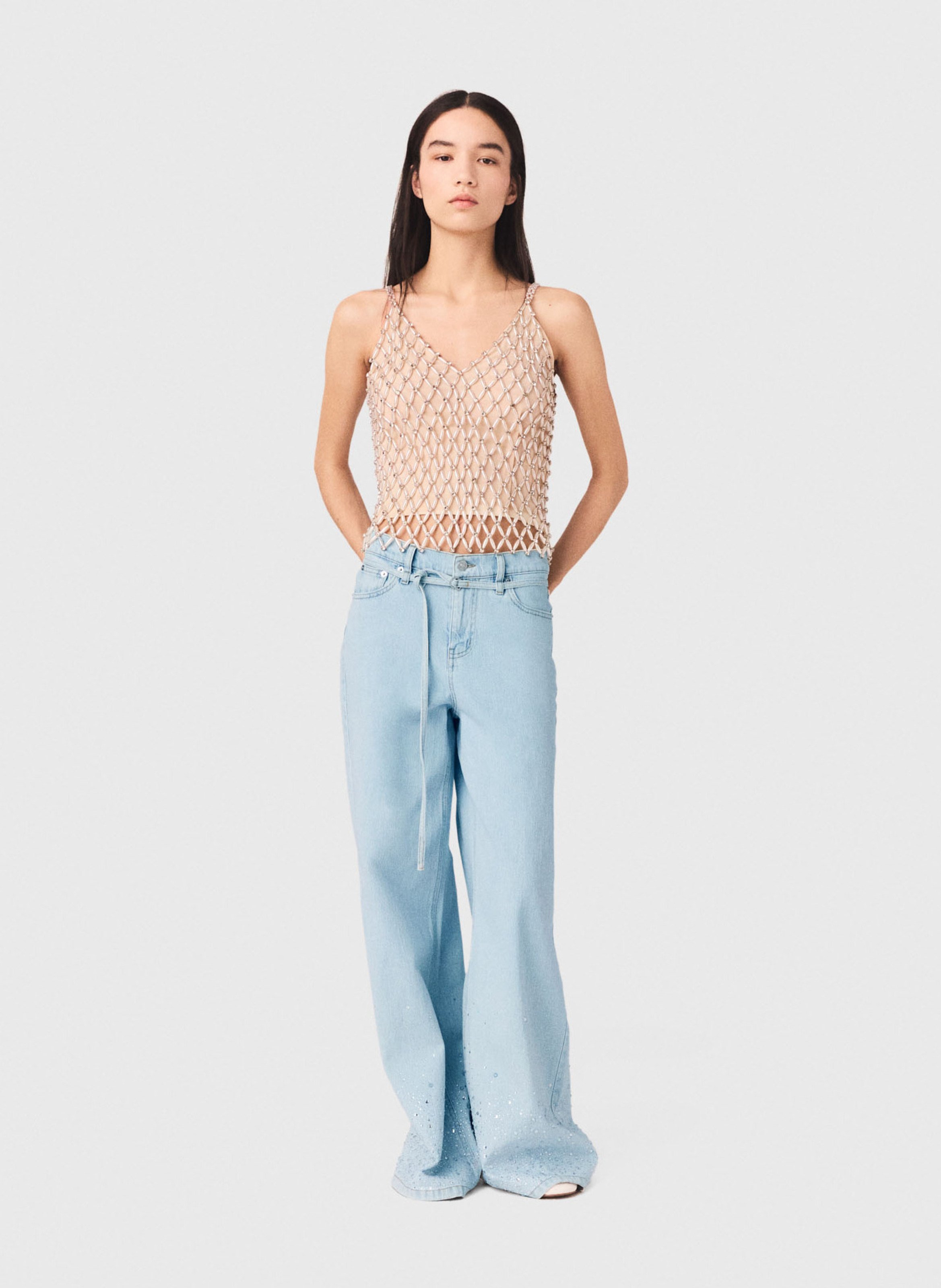 Top met V-hals en strass MAJE Beige