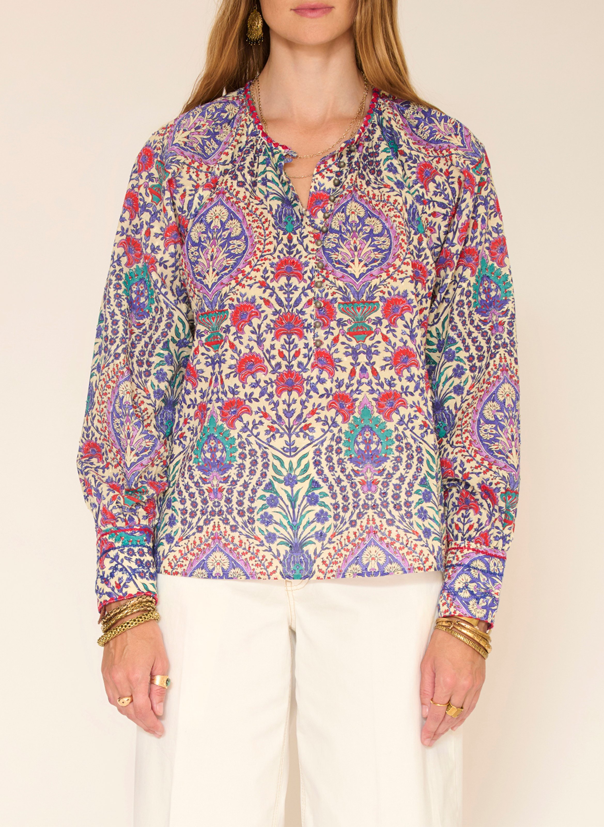 Rechte top met ronde hals en print MKT Beige