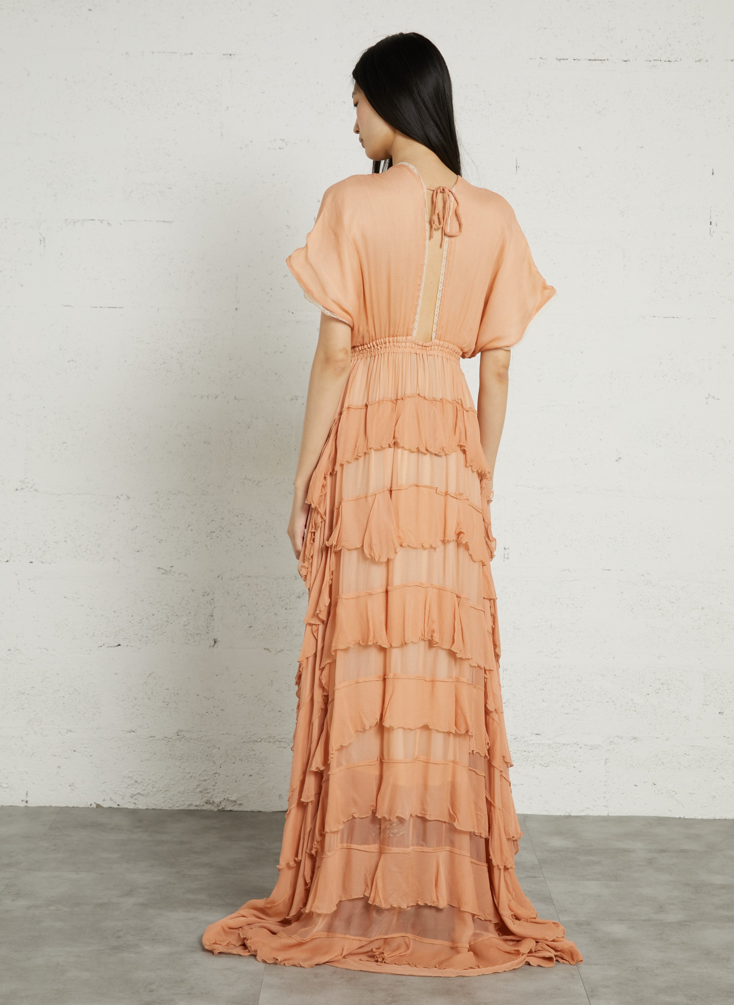 Langes Kleid mit V-Ausschnitt und Volants MES DEMOISELLES Beige