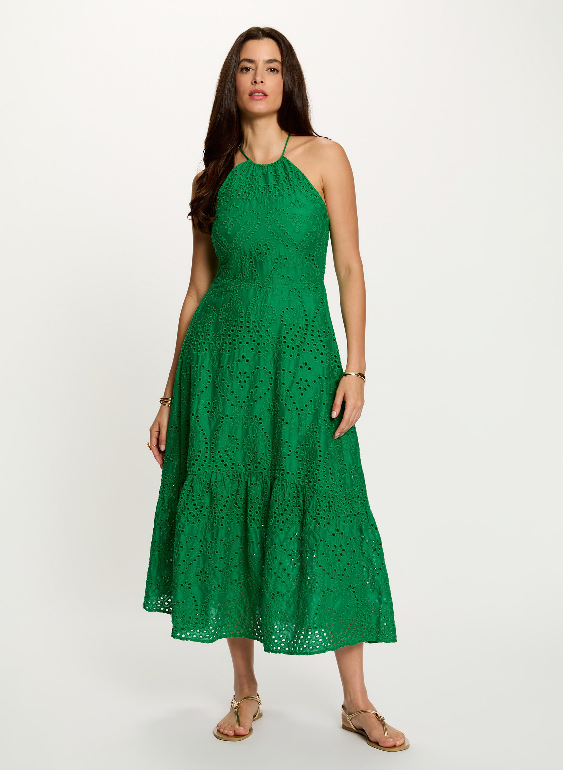 Long dress with English embroidery MORGAN Green