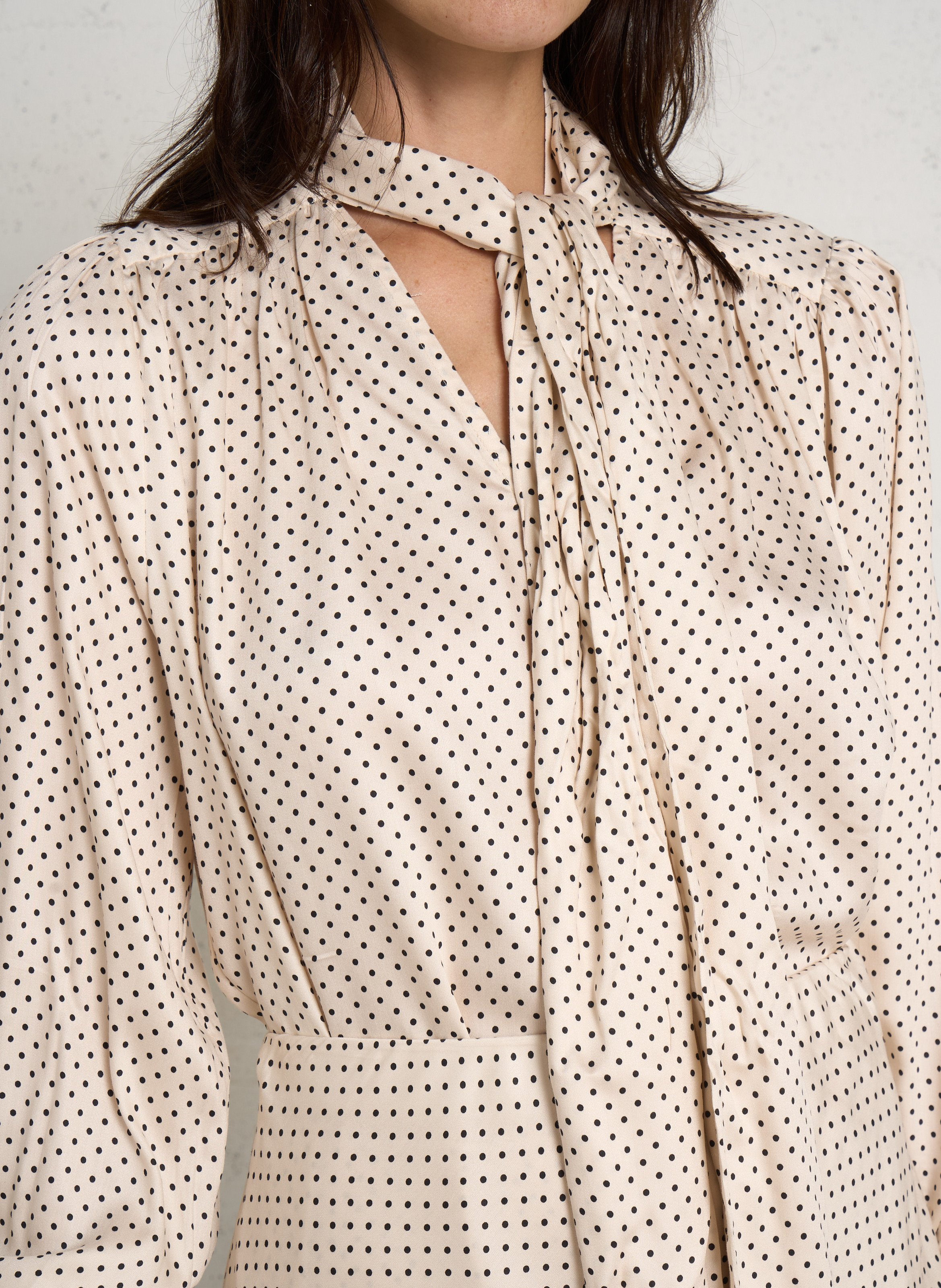 Straight satin polka dot pussy bow blouse IKKS White