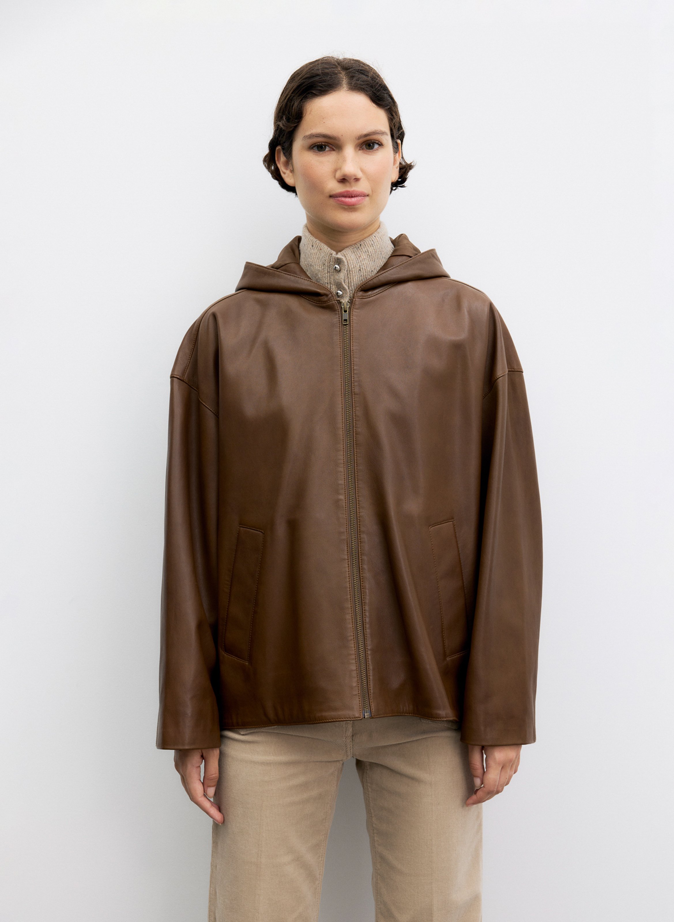 Chaqueta amplia con capucha de cuero GERARD DAREL Marron