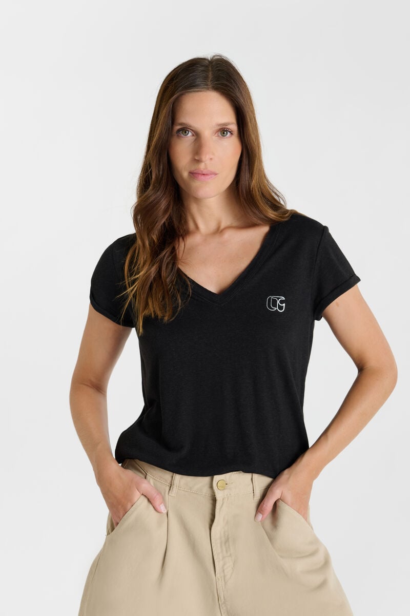 Plain printed V-neck T-shirt LE TEMPS DES CERISES Black