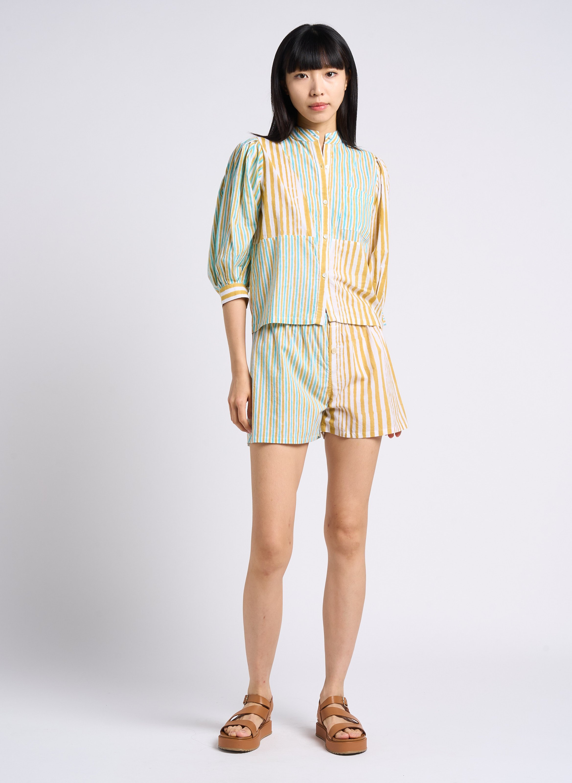 Chemise droite col mao en coton Jaune