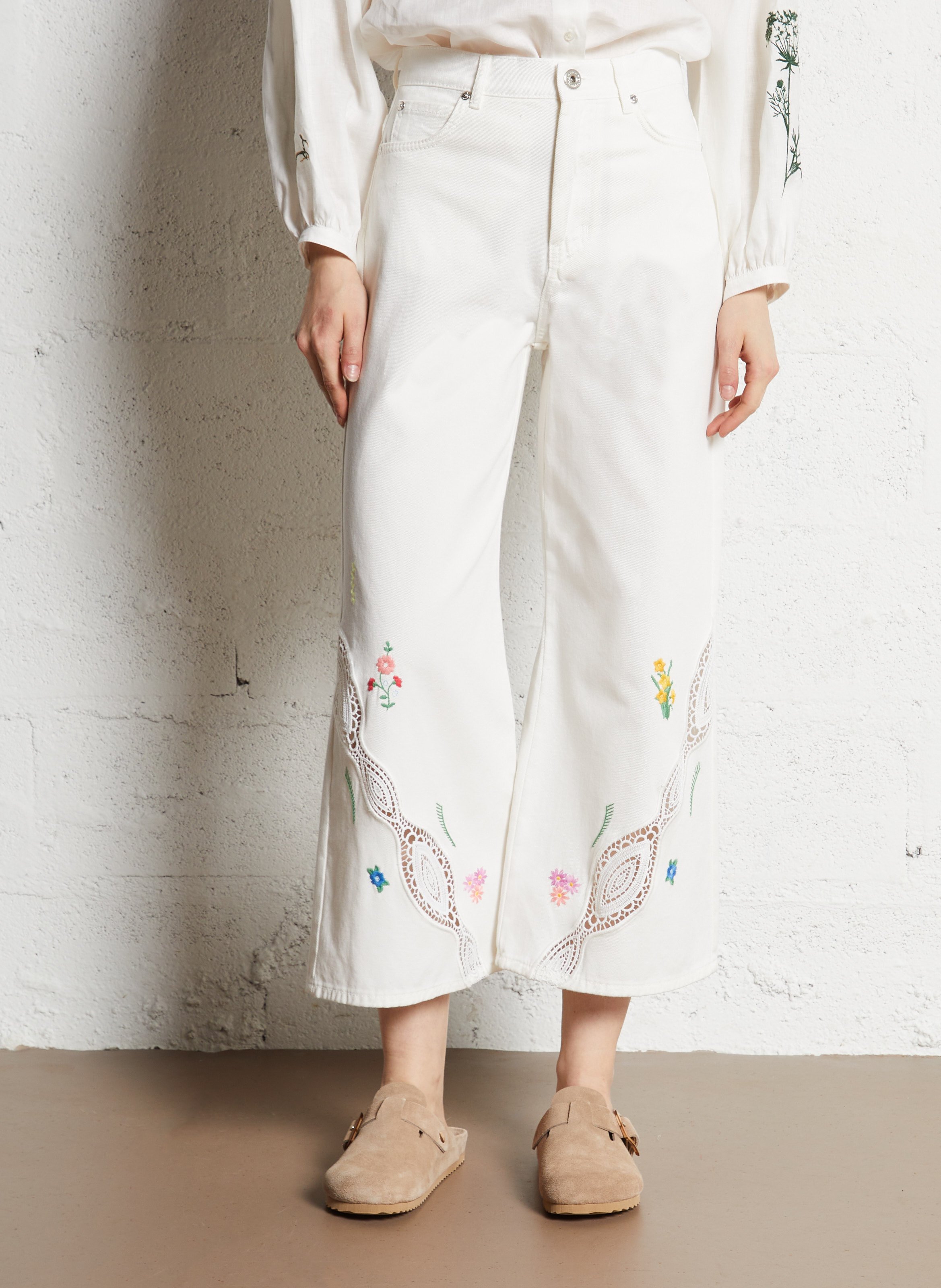 Wijde hoge taille geborduurde jeans MAX MARA WEEK END Wit