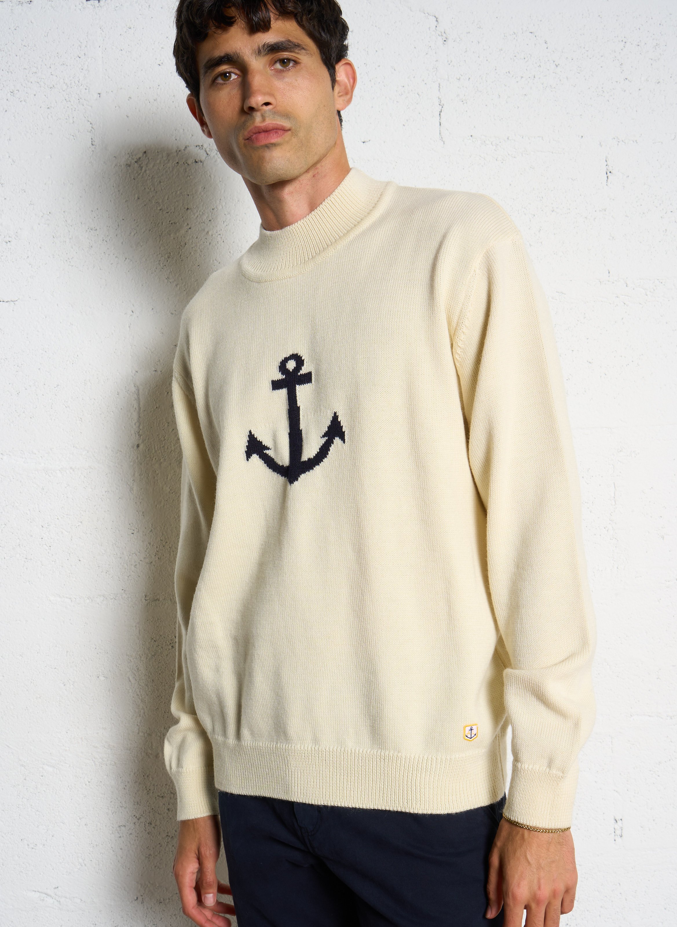 Pull droit col montant motif encre de mer en laine ARMOR LUX Beige