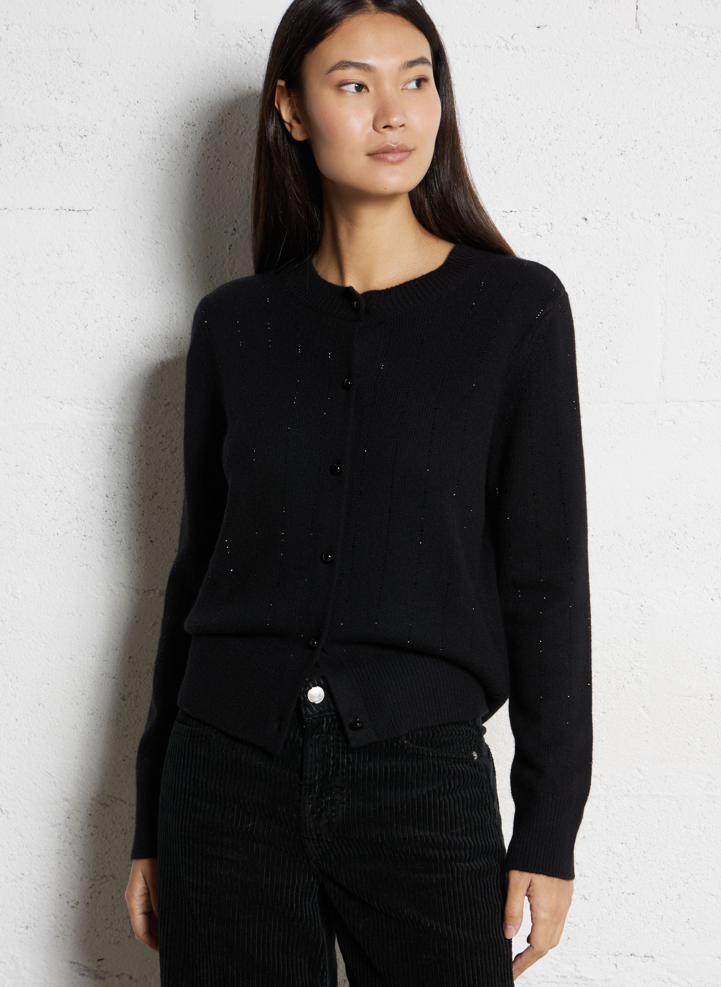 Weiter Rundhalsausschnitt Strass Oversize-Weste aus Merinowolle und Kaschmir BERENICE Schwarz