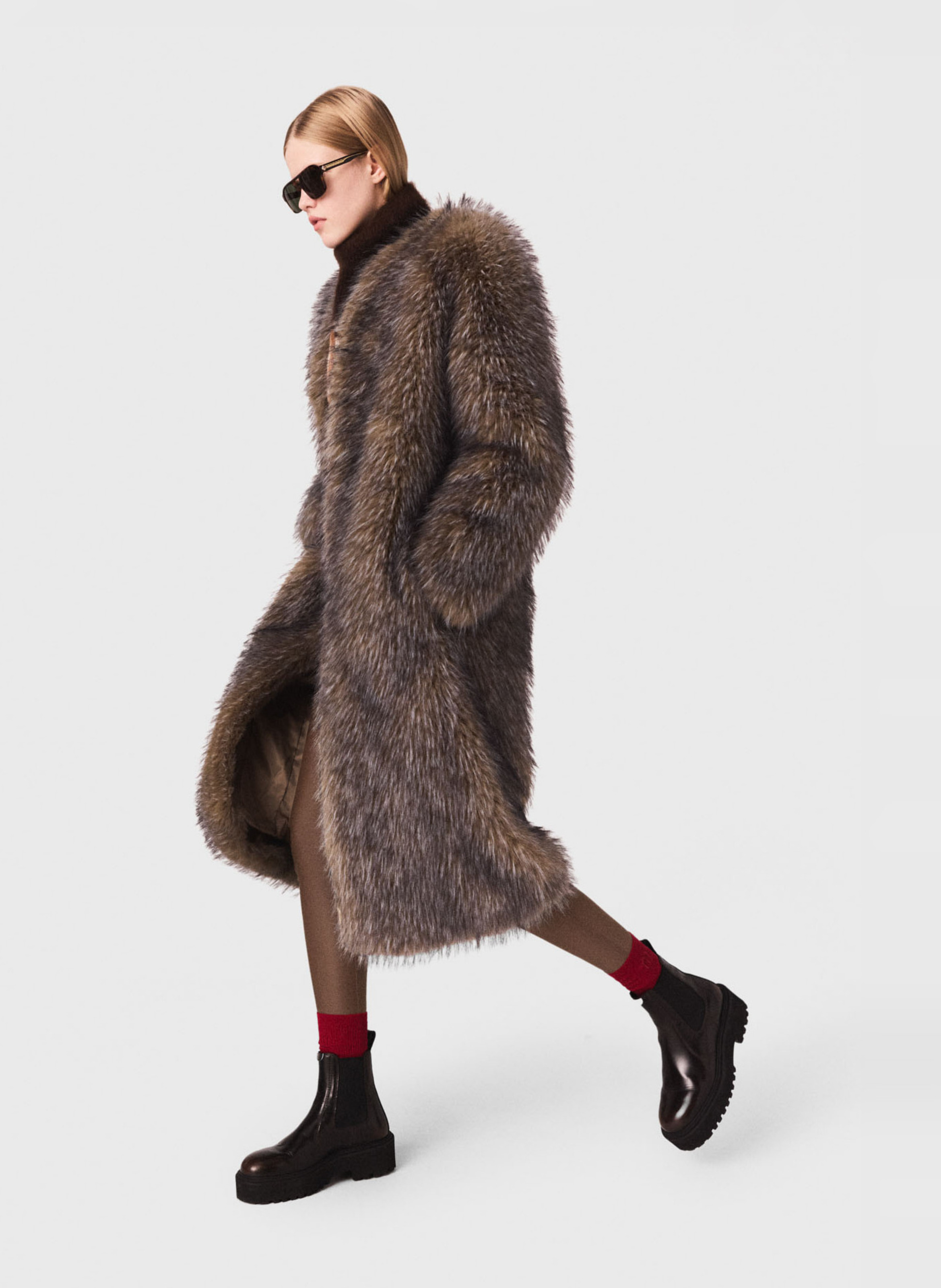 Manteau col rond effet fourrure  MAJE Gris