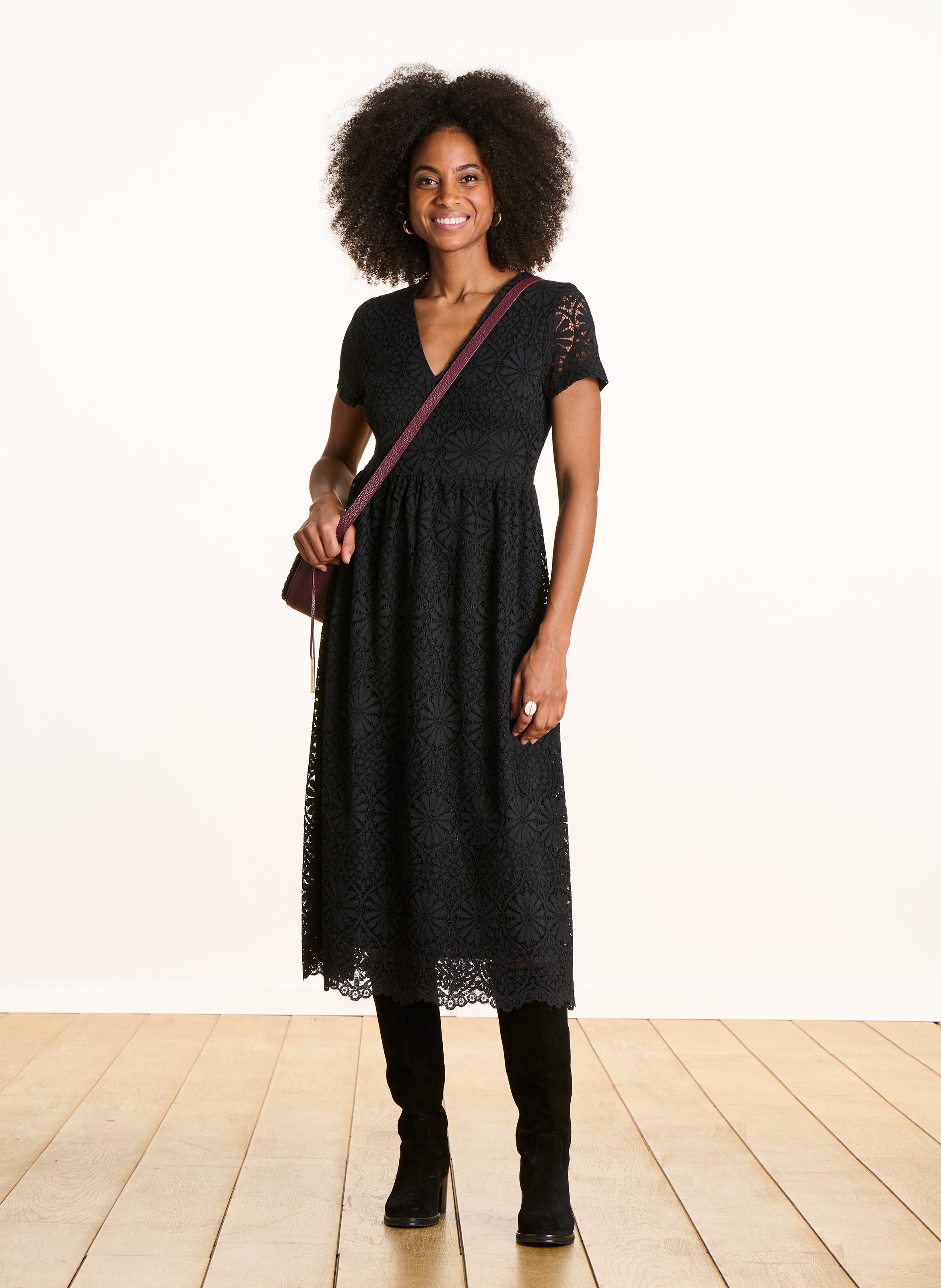 Robe midi col v en dentelle LA FEE MARABOUTEE Noir