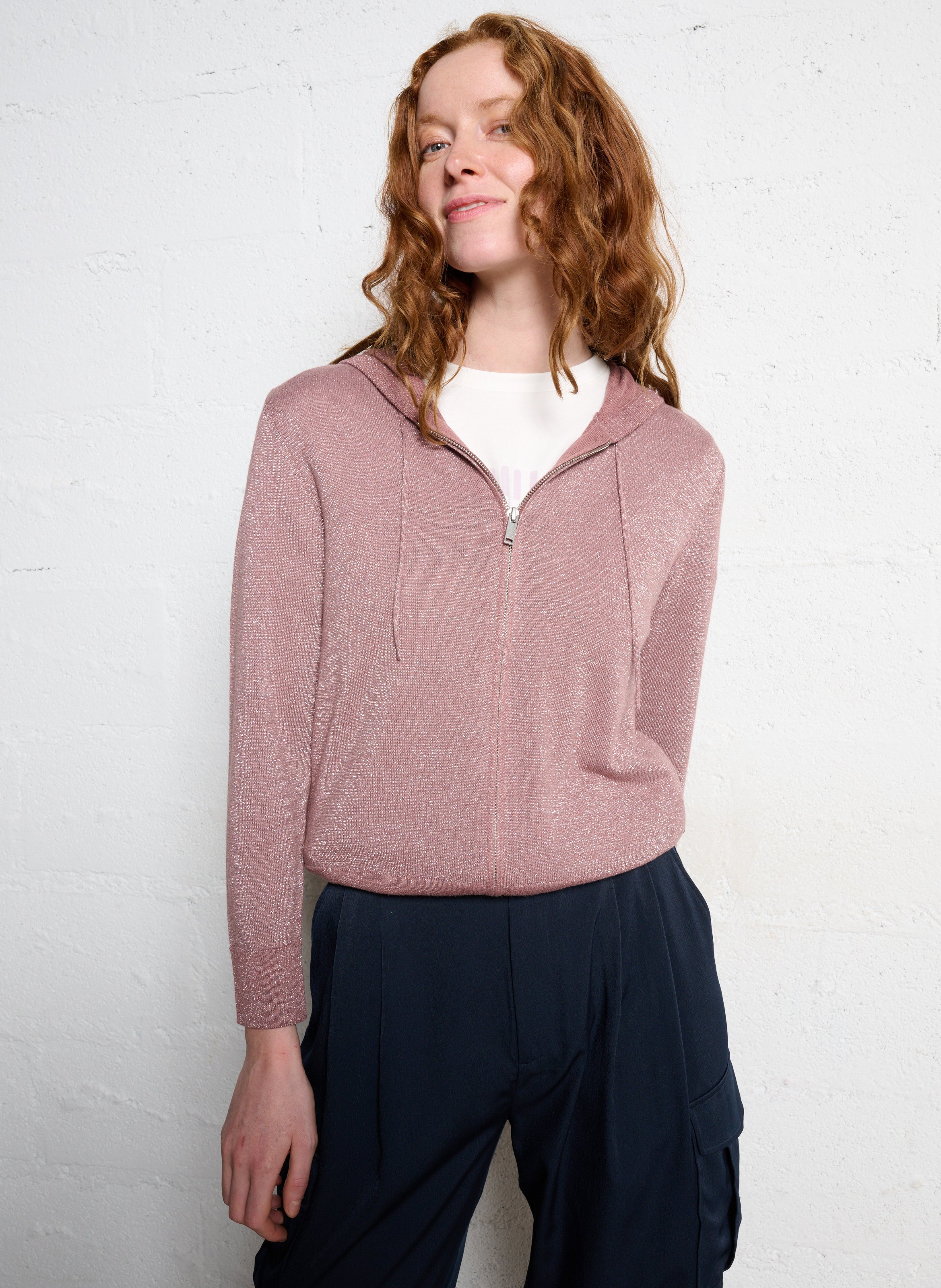 Gilet droit à capuche en maille pailletée IKKS Marron