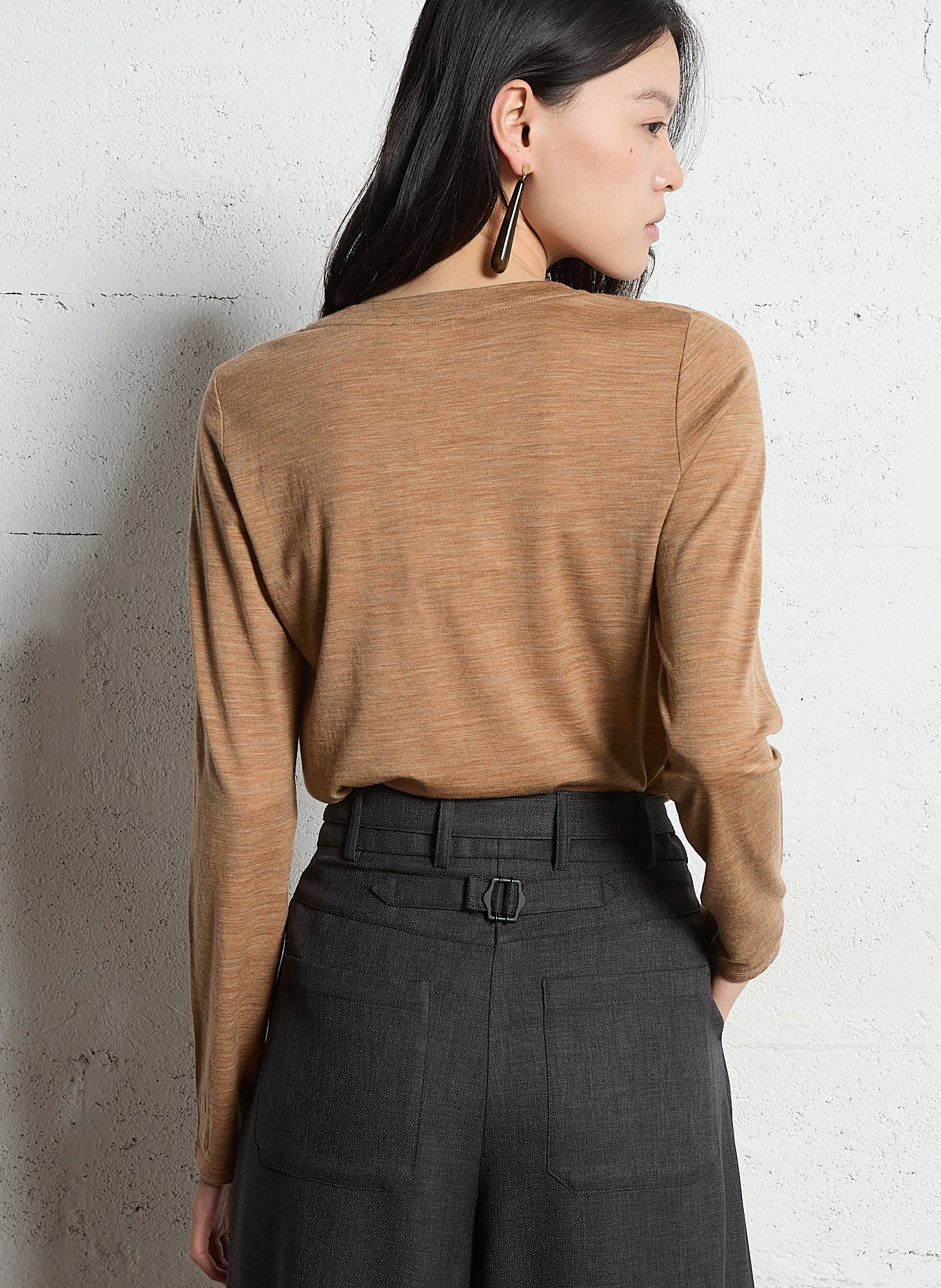 Tee-shirt col rond uni en laine Beige