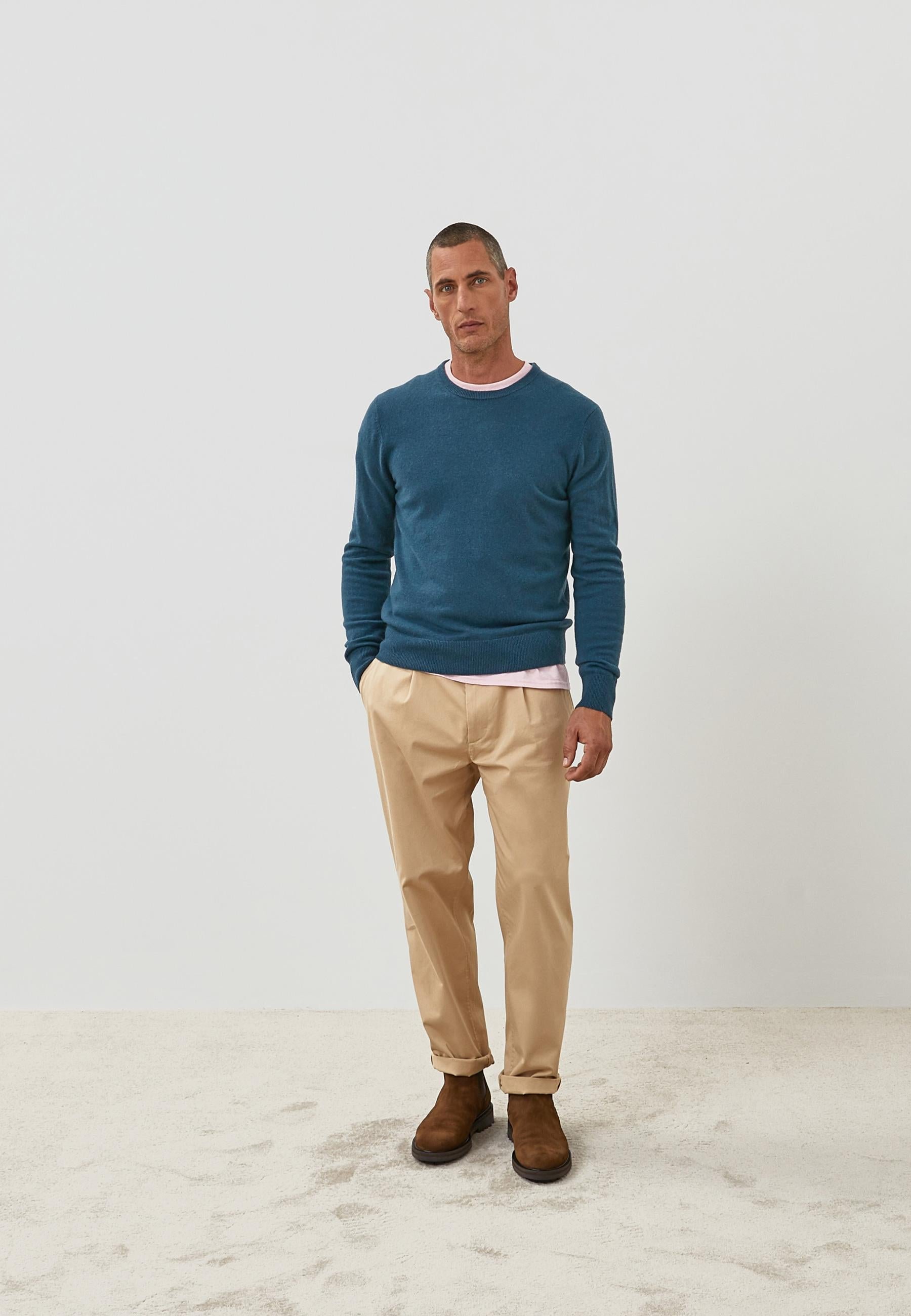 Men’s 2-yarn round-neck cashmere sweater RODIER Blue