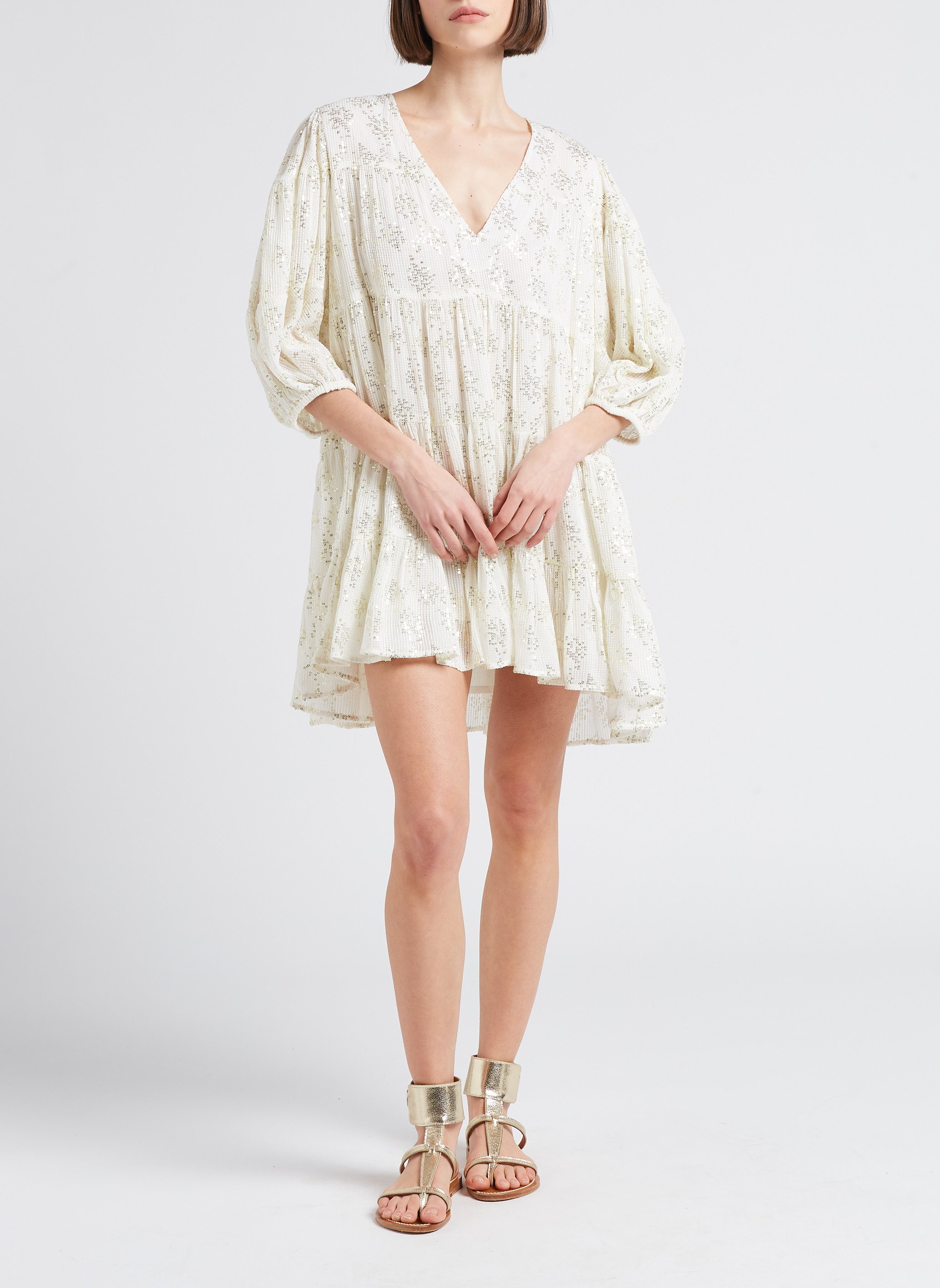 Wijde jurk met V-hals en lovertjes SUNDRESS Wit