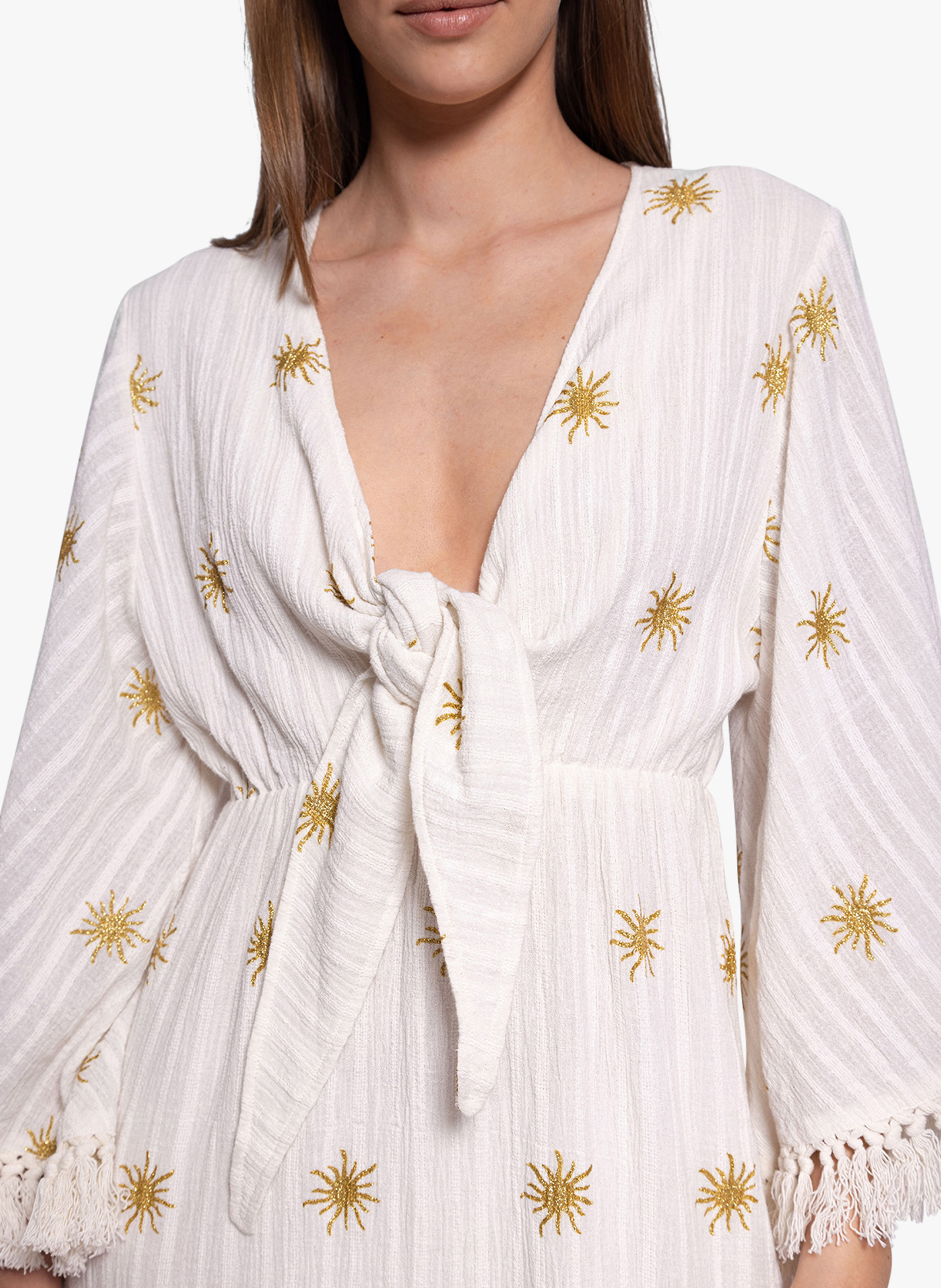 Robe longue col V à motifs en coton SUNDRESS Blanc