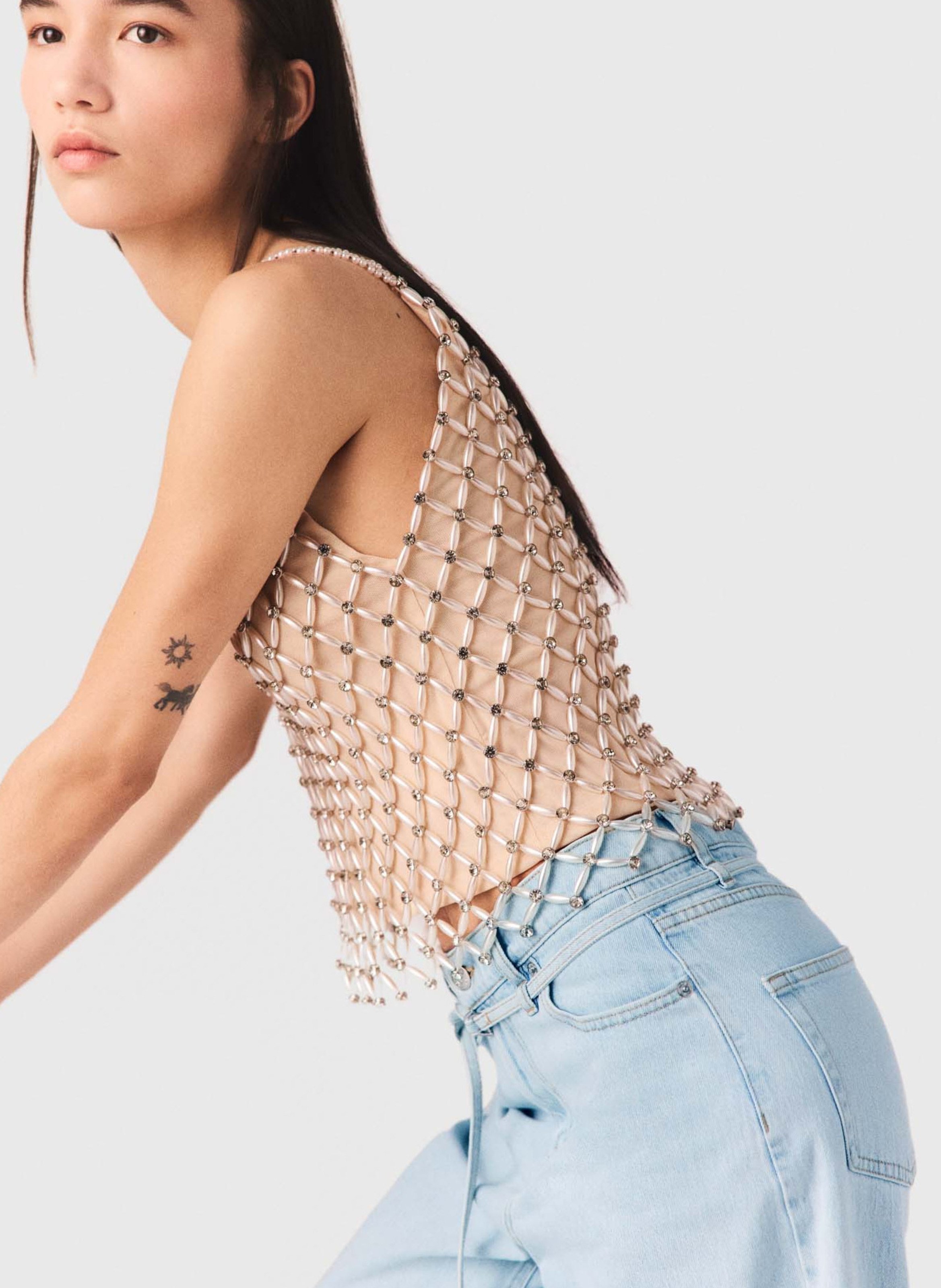 Top met V-hals en strass MAJE Beige