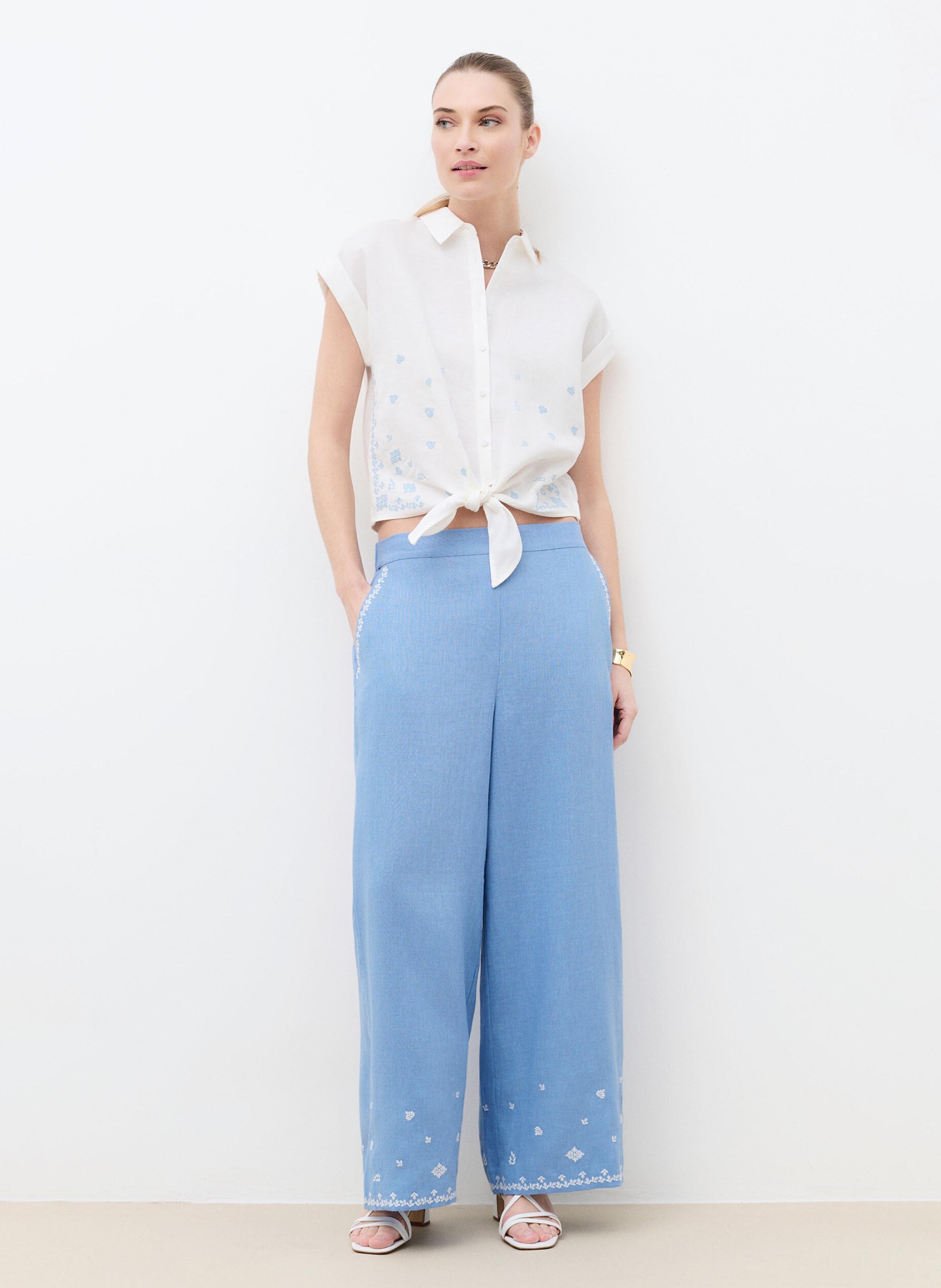 Chemise droite col classique en lin mélangé brodée CAROLL Blanc