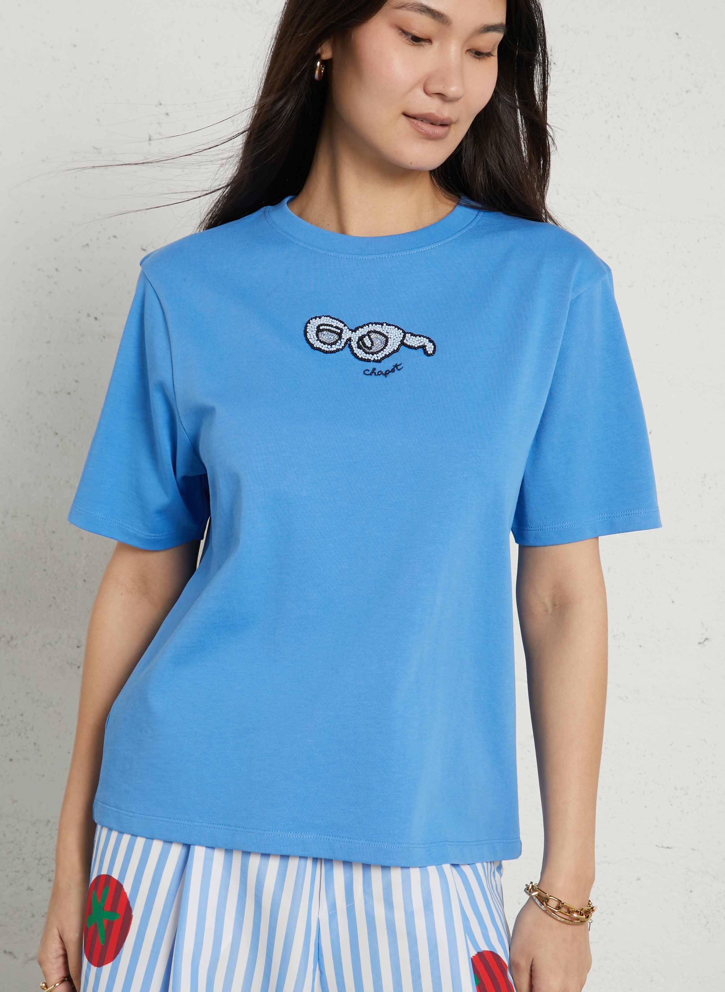 Embroidered straight t-shirt FABIENNE CHAPOT Blue
