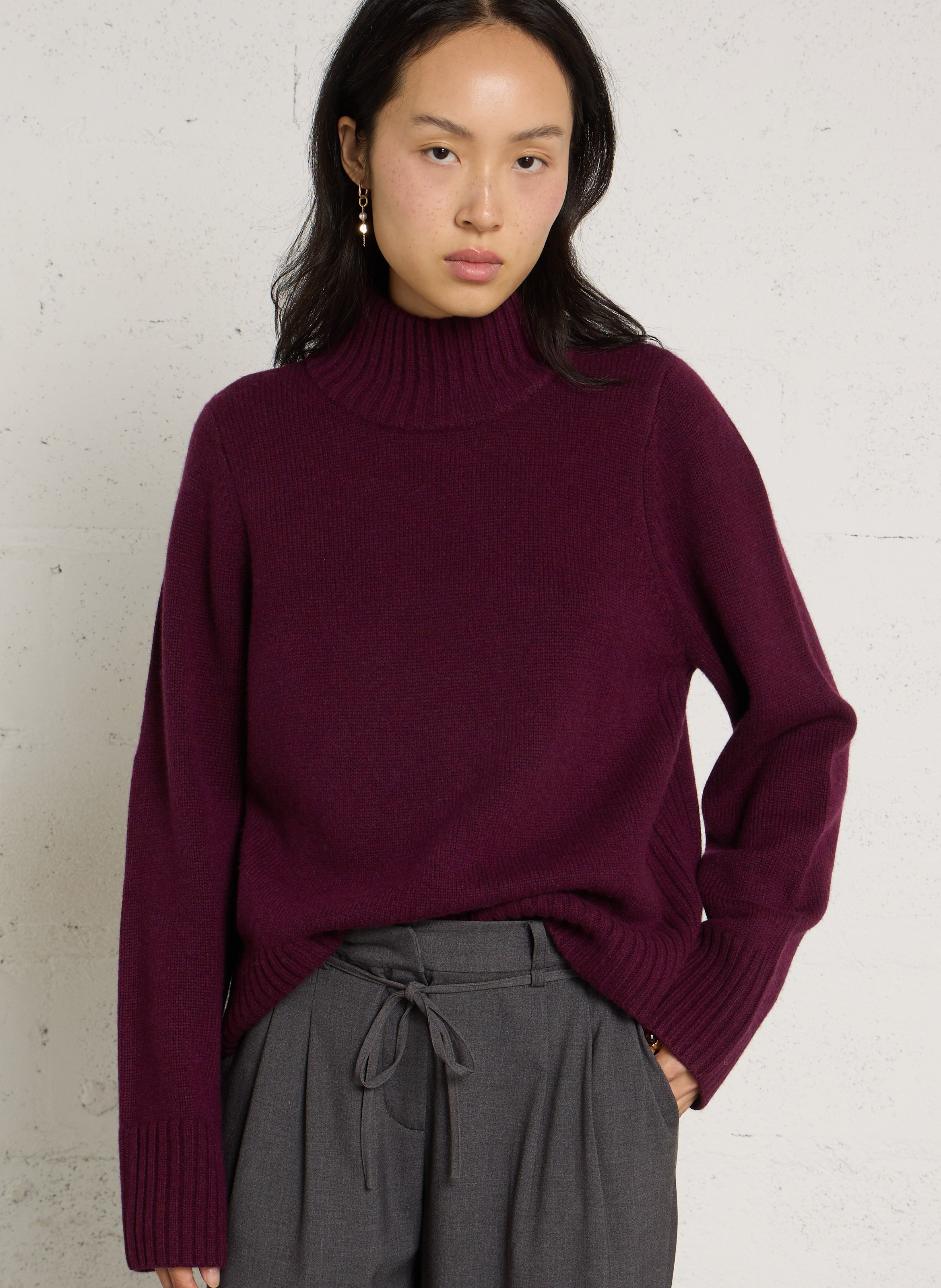 Pullover mit Schalkragen aus grob gestrickter Merinowolle PETITE MENDIGOTE Violett