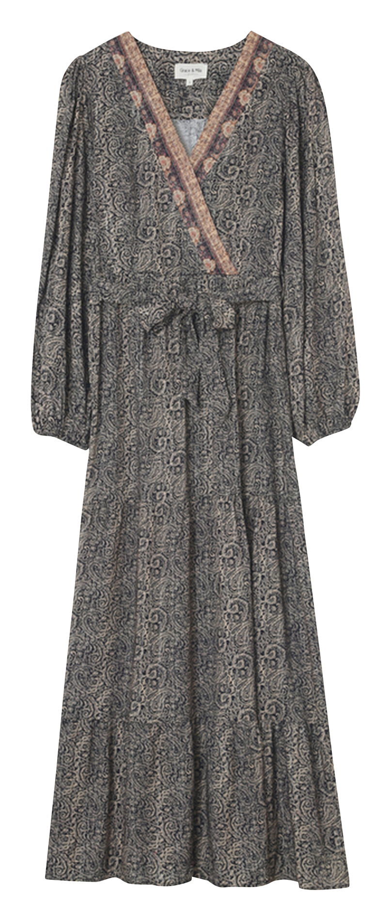 Long straight printed V-neck dress GRACE ET MILA Black