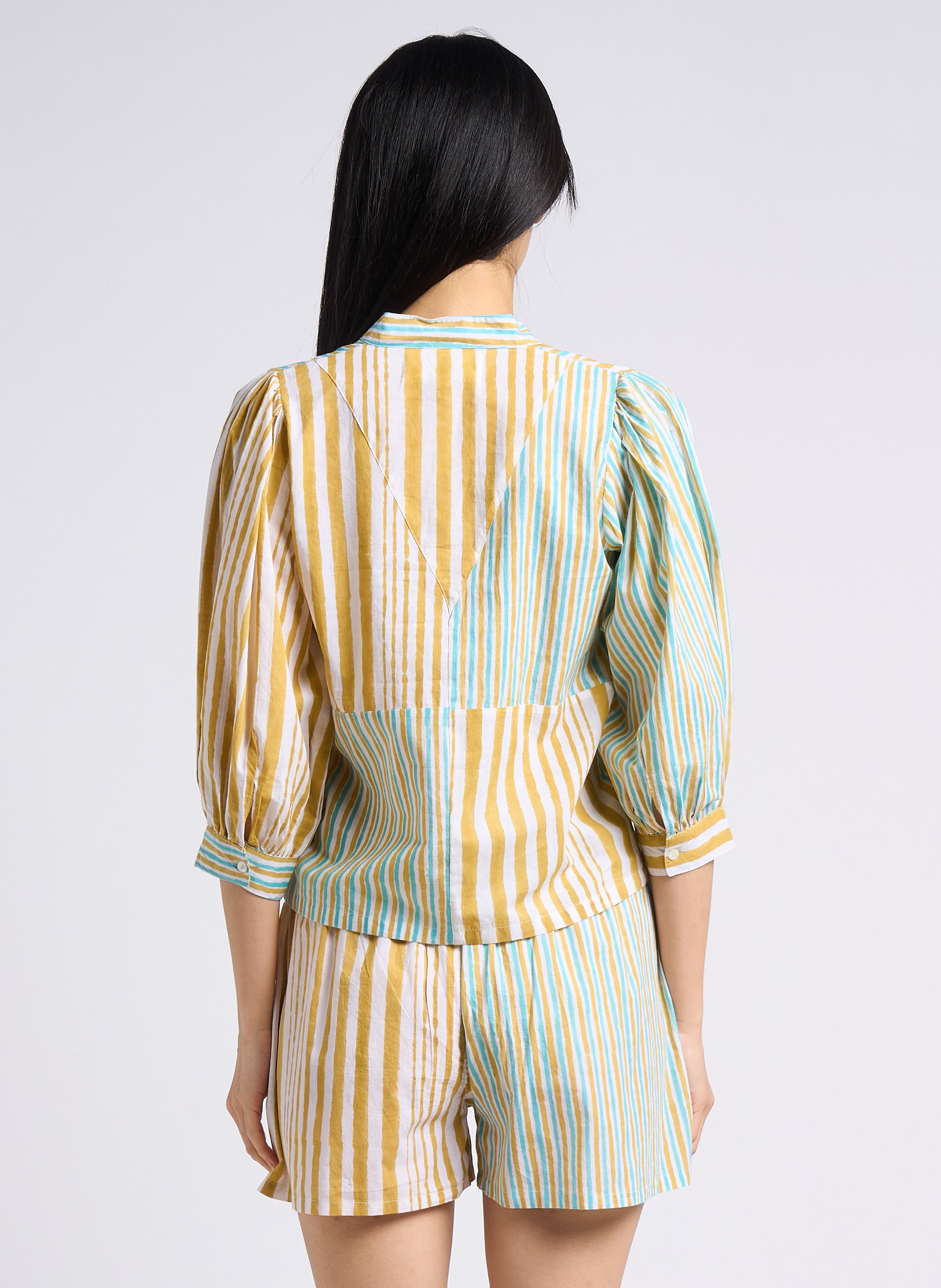 Chemise droite col mao en coton Jaune