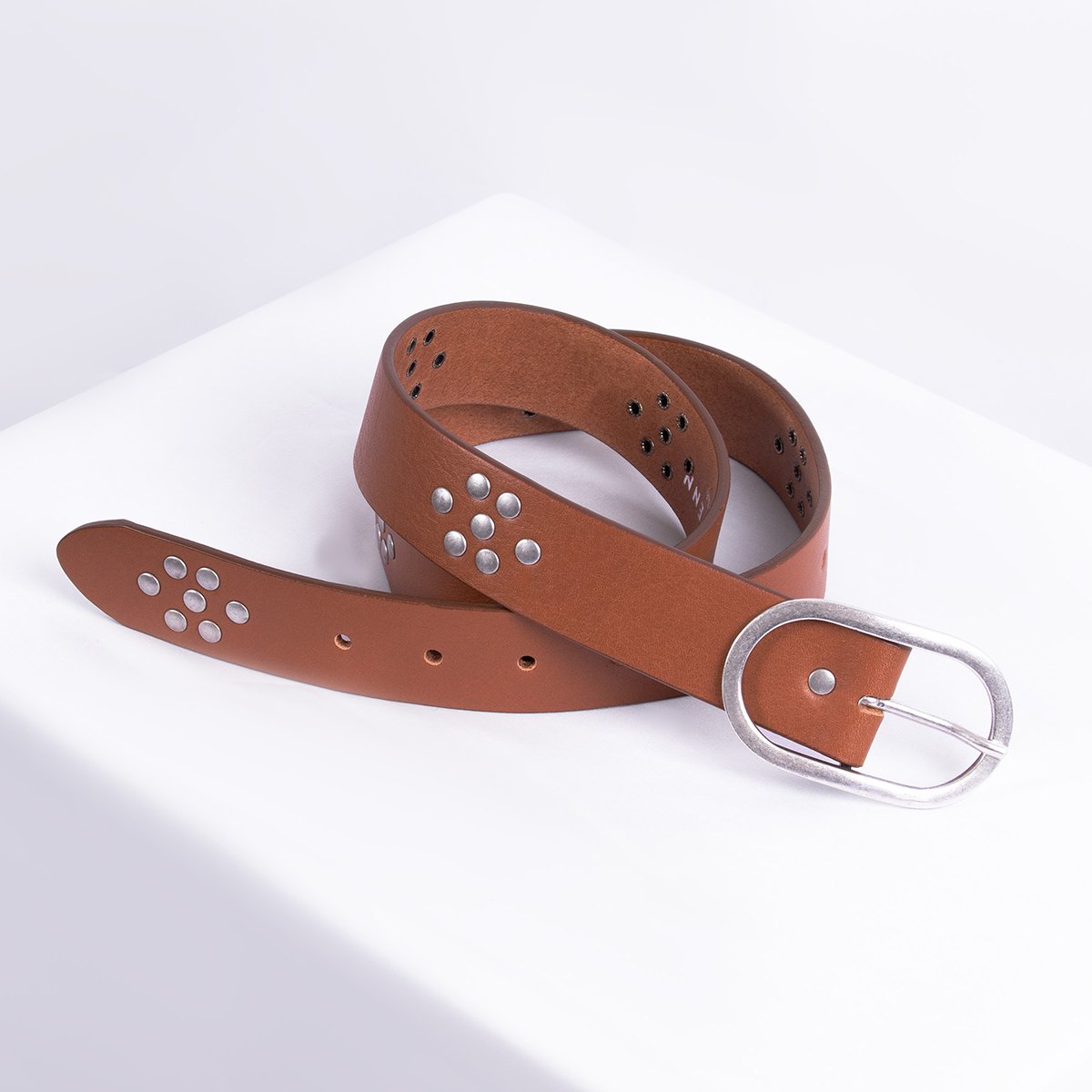 Wide studded leather belt JULES & JENN Brown
