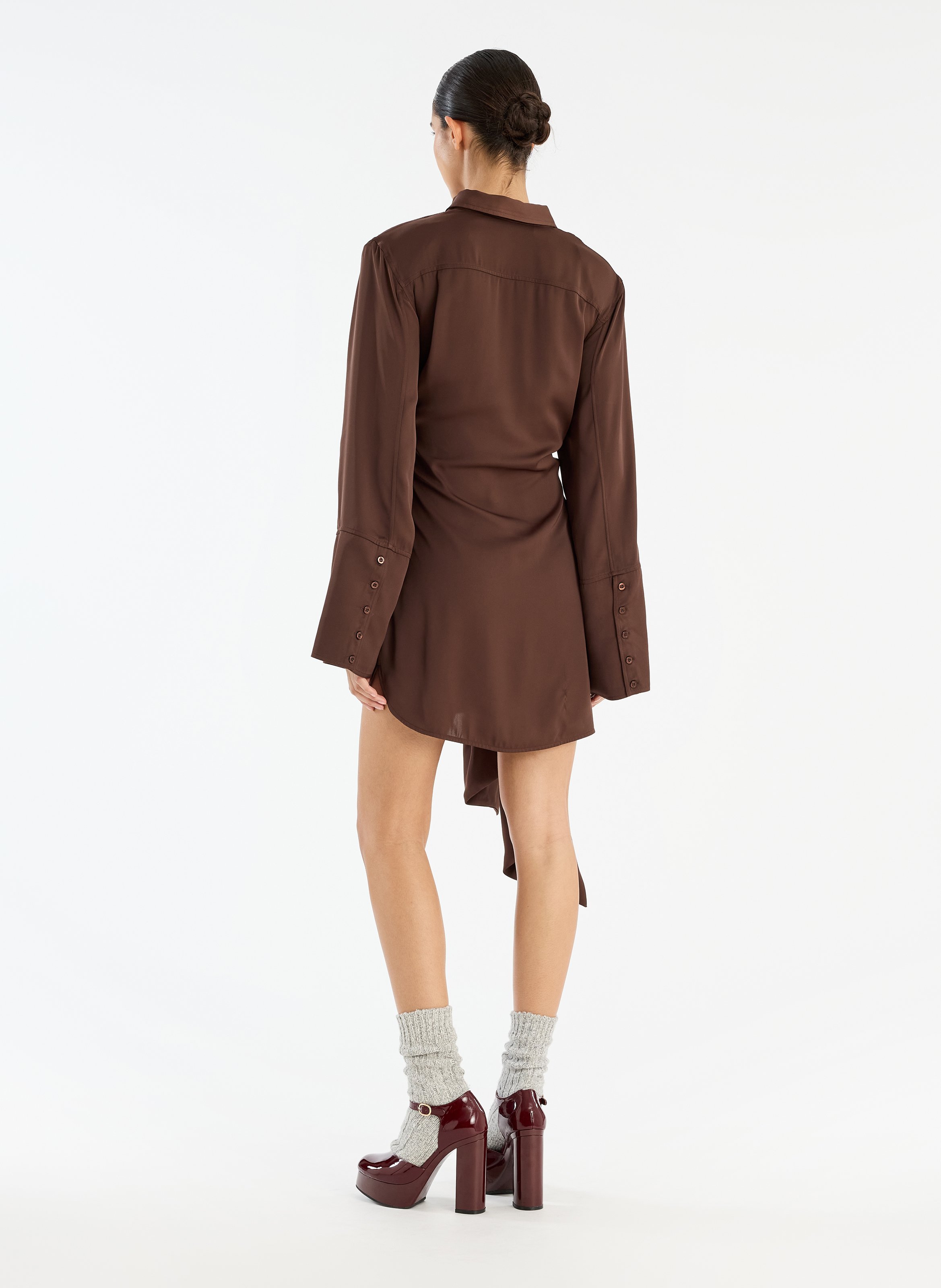 Robe courte col classique satinée ROTATE Marron