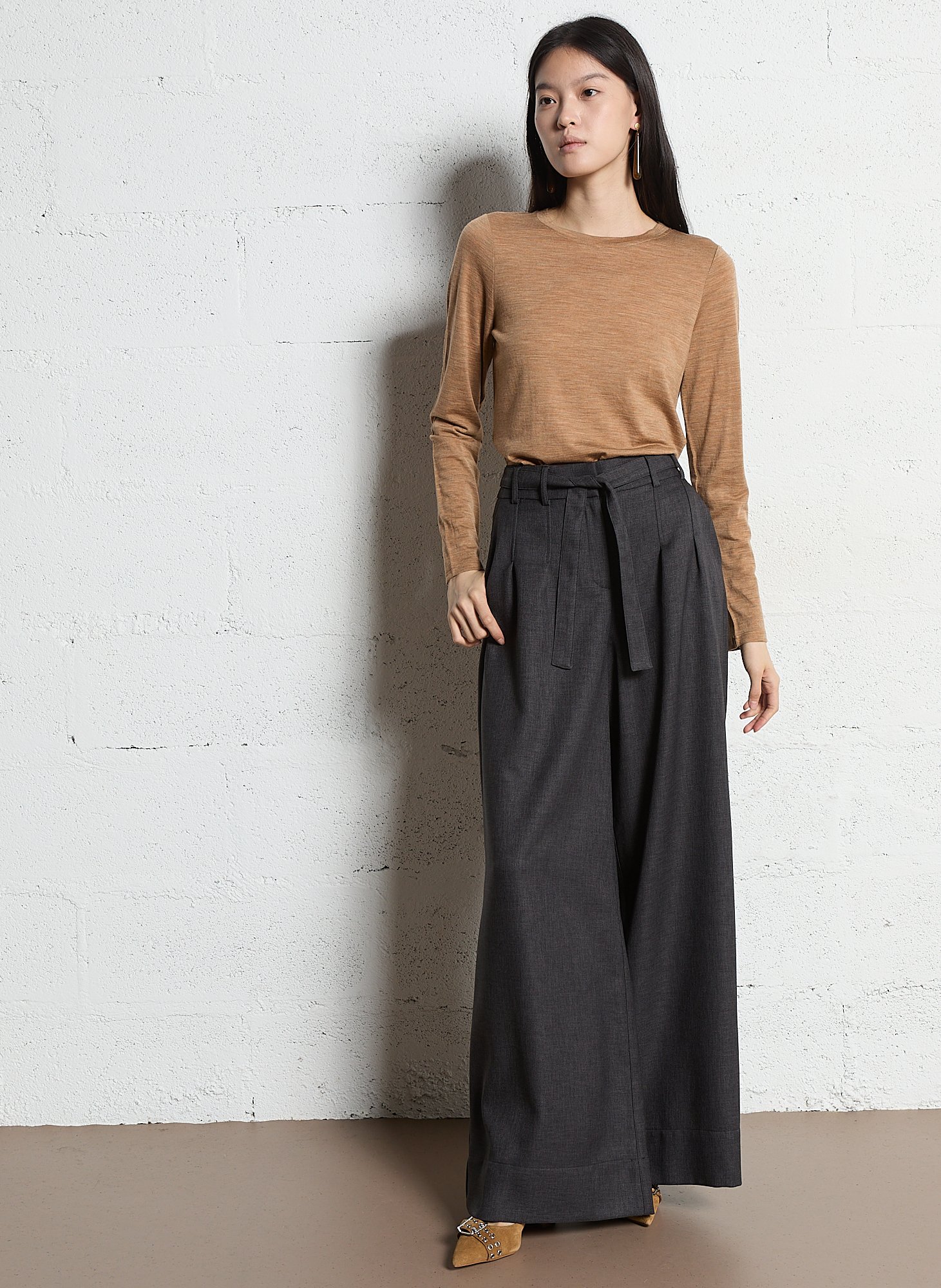 Tee-shirt col rond uni en laine Beige