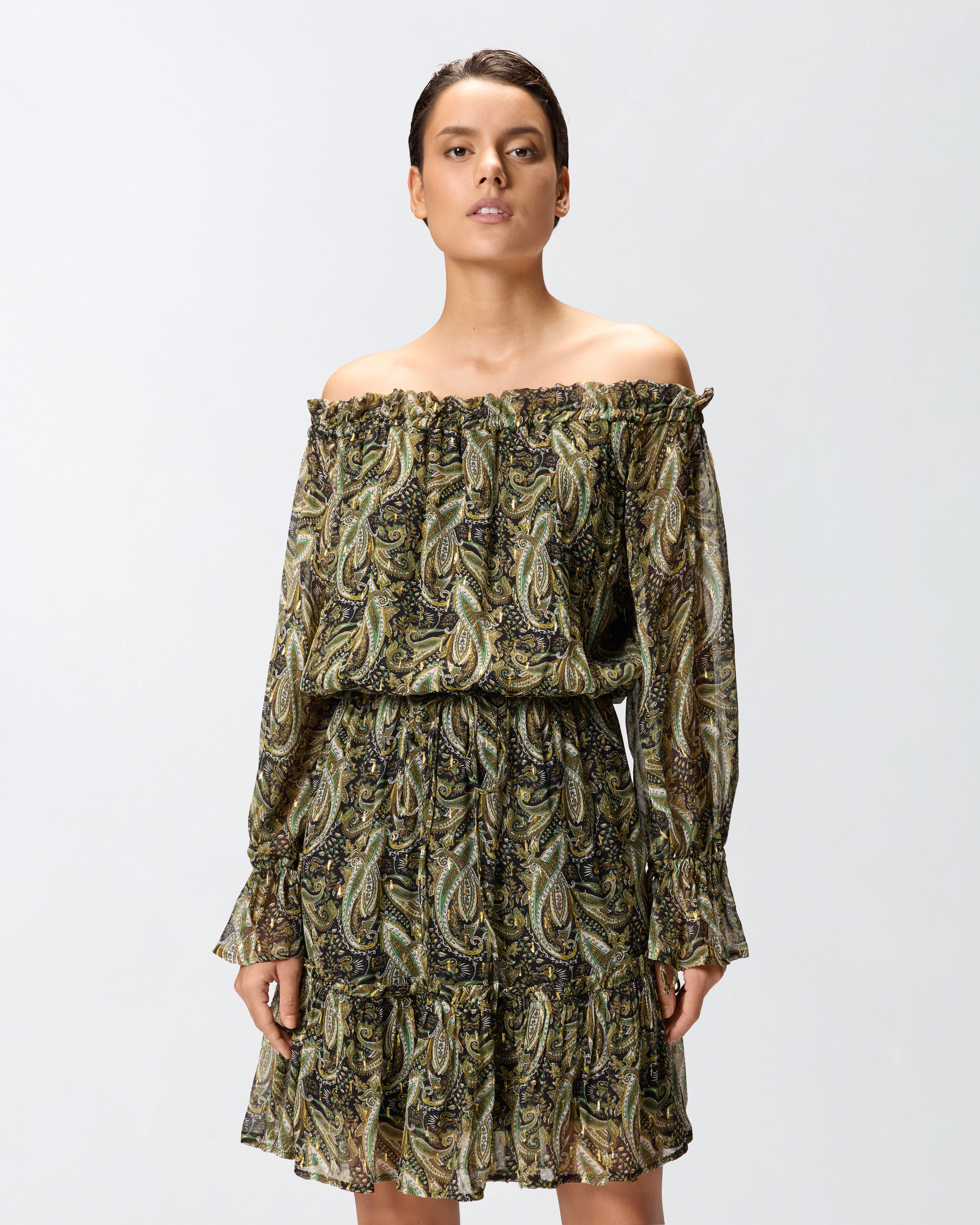 Short dress with bardot neckline and cashmere print PINKO Green