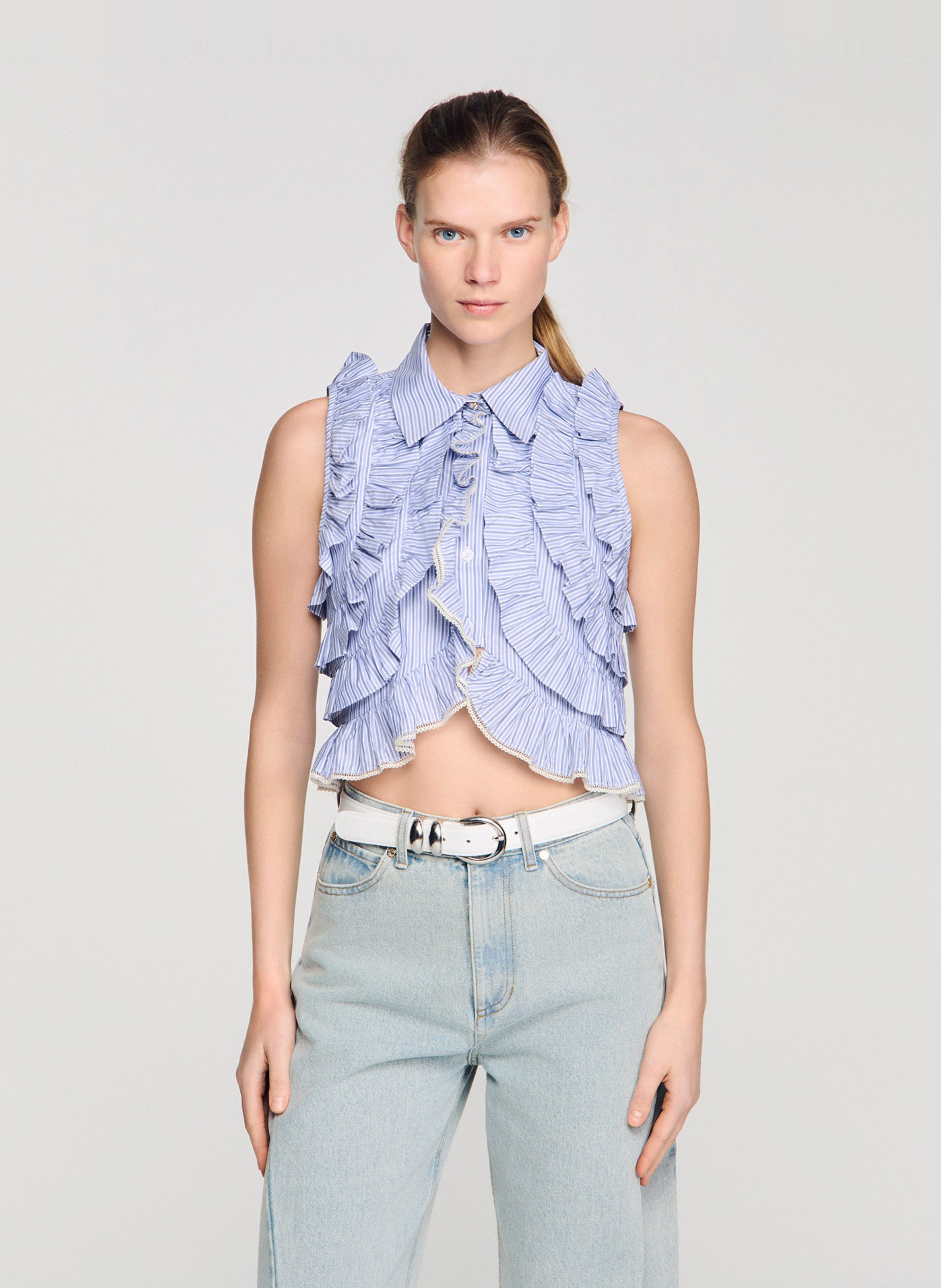 Chemise droite col classique en coton rayé SANDRO Bleu