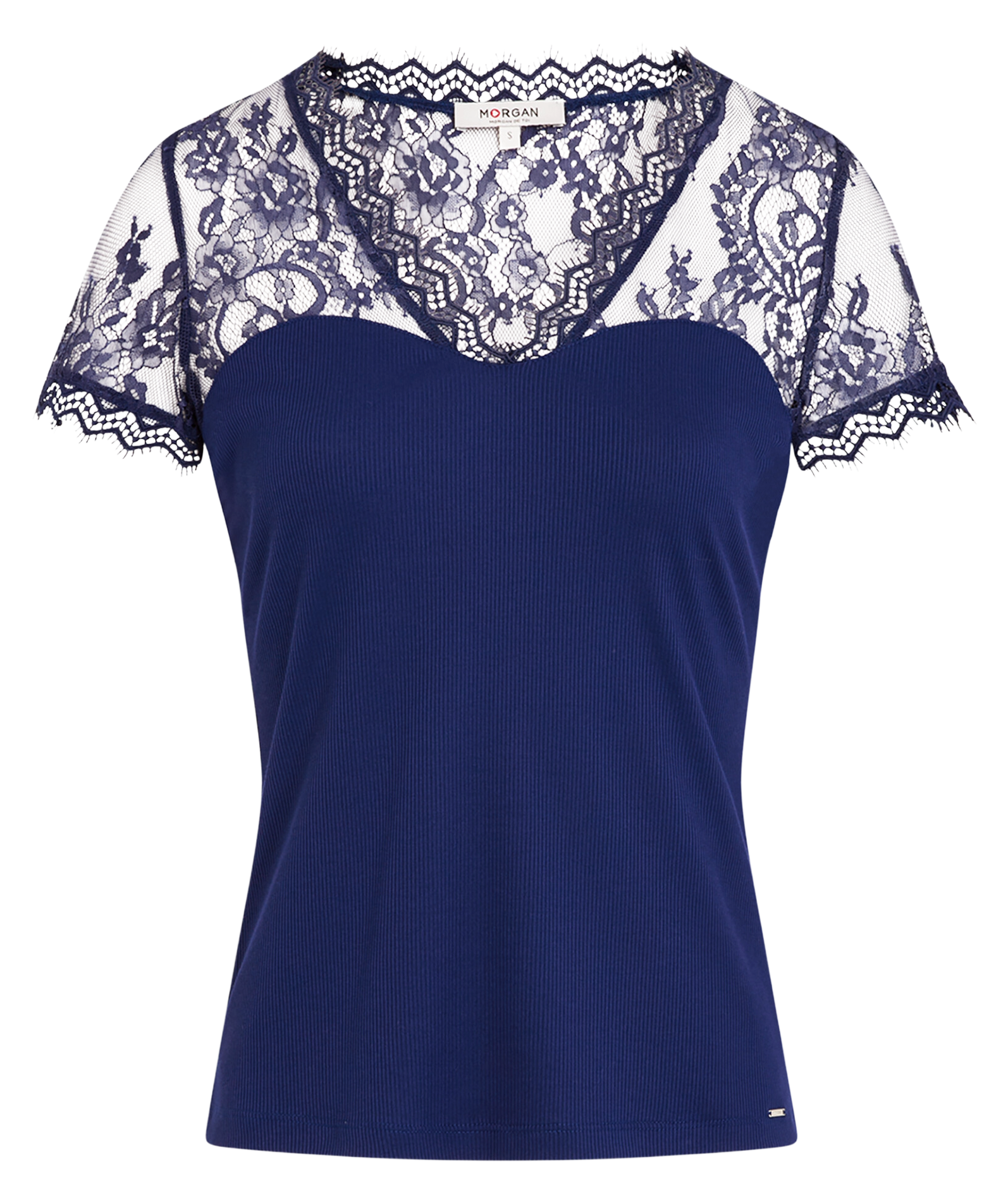 Crepe and lace V-neck t-shirt Blue