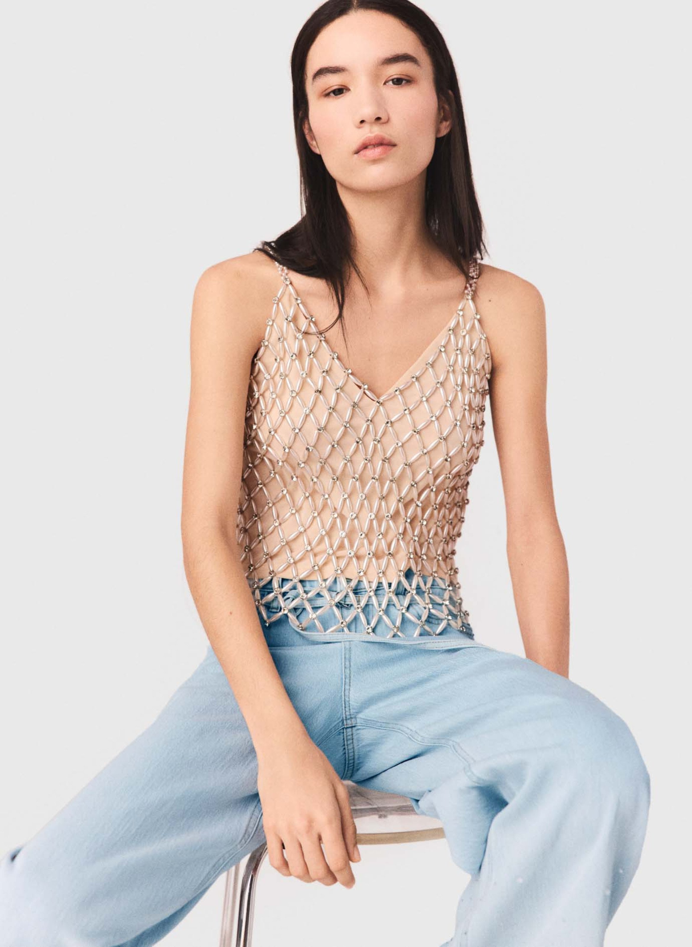 Top met V-hals en strass MAJE Beige