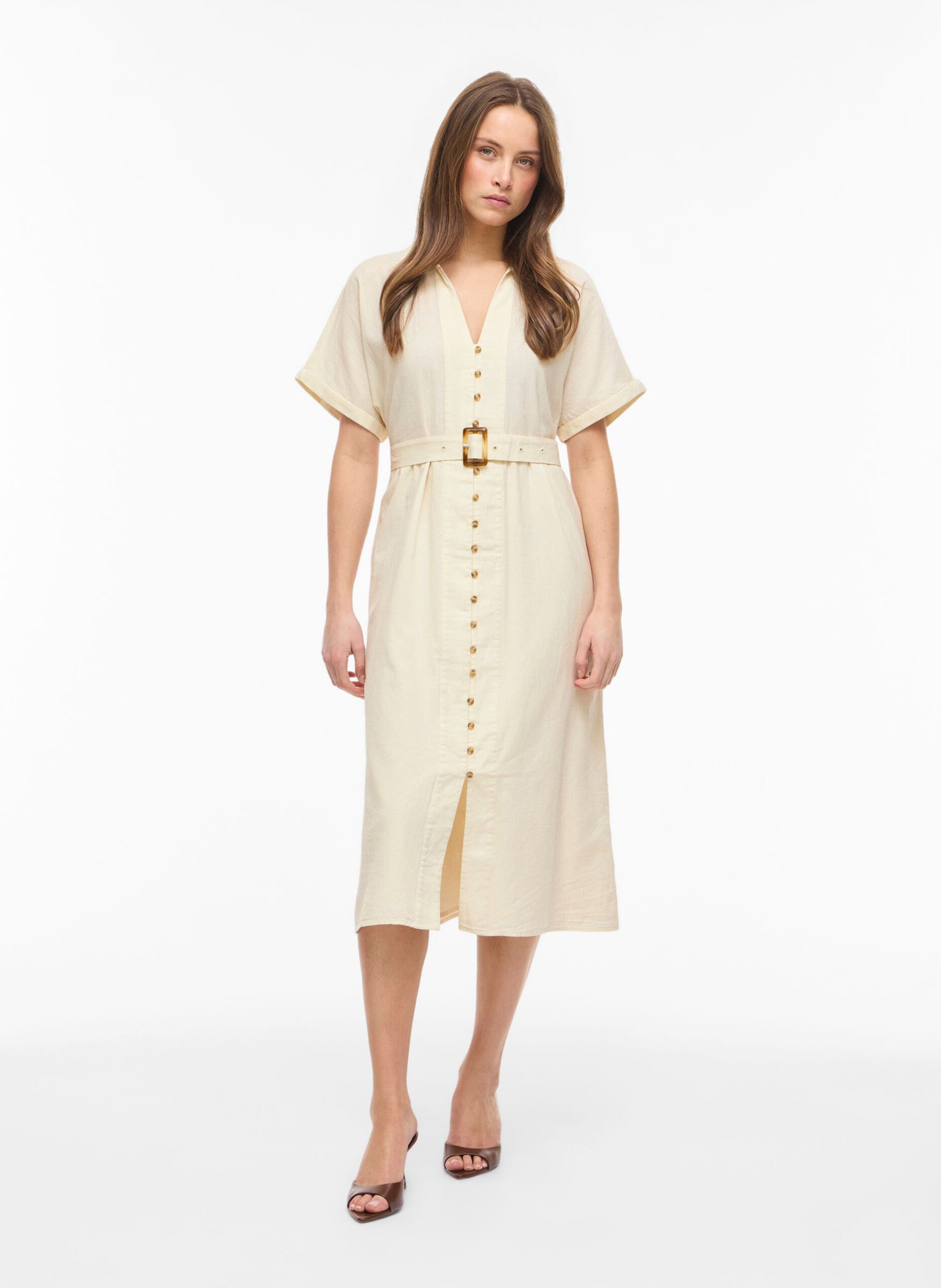 Vestido midi con cuello clásico en algodón y lino VILA Gris