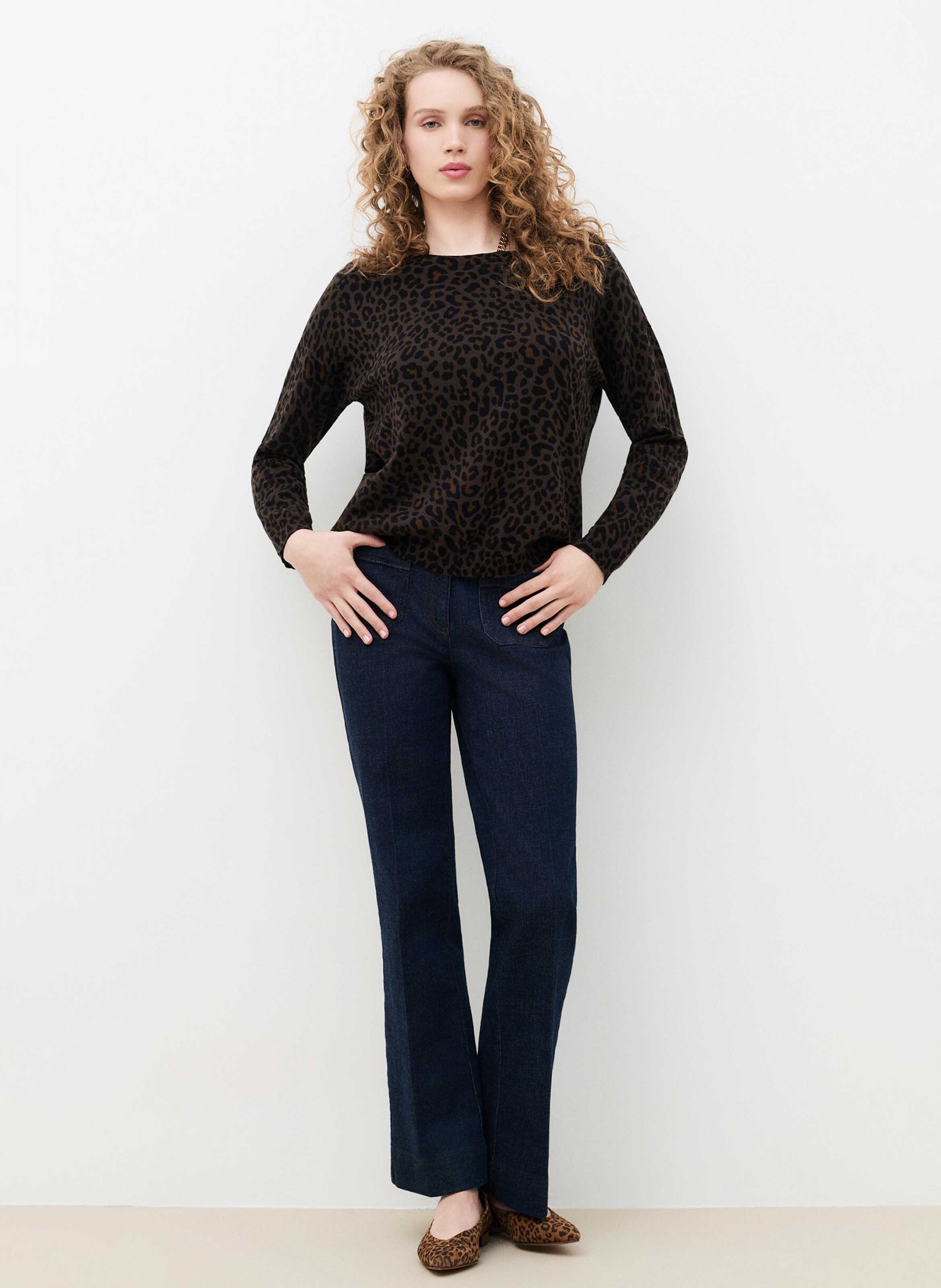 Rundhalsausschnitt-Pullover mit Leopardenmuster aus Baumwolle | Braun CAROLL Damen