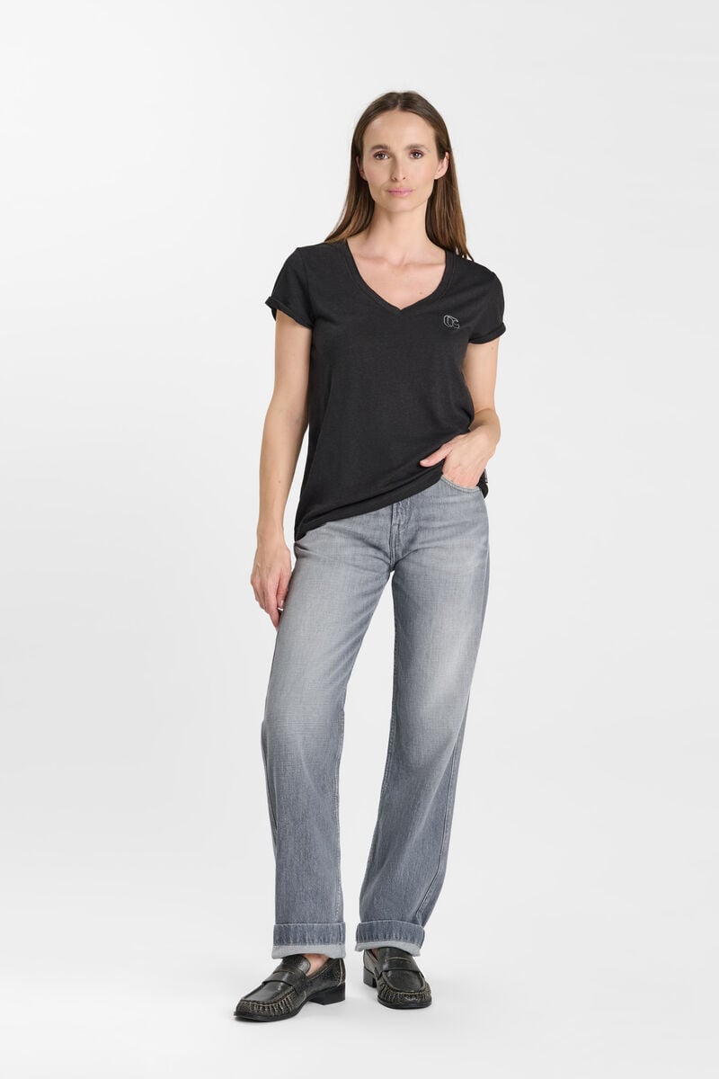 Plain printed V-neck T-shirt LE TEMPS DES CERISES Black