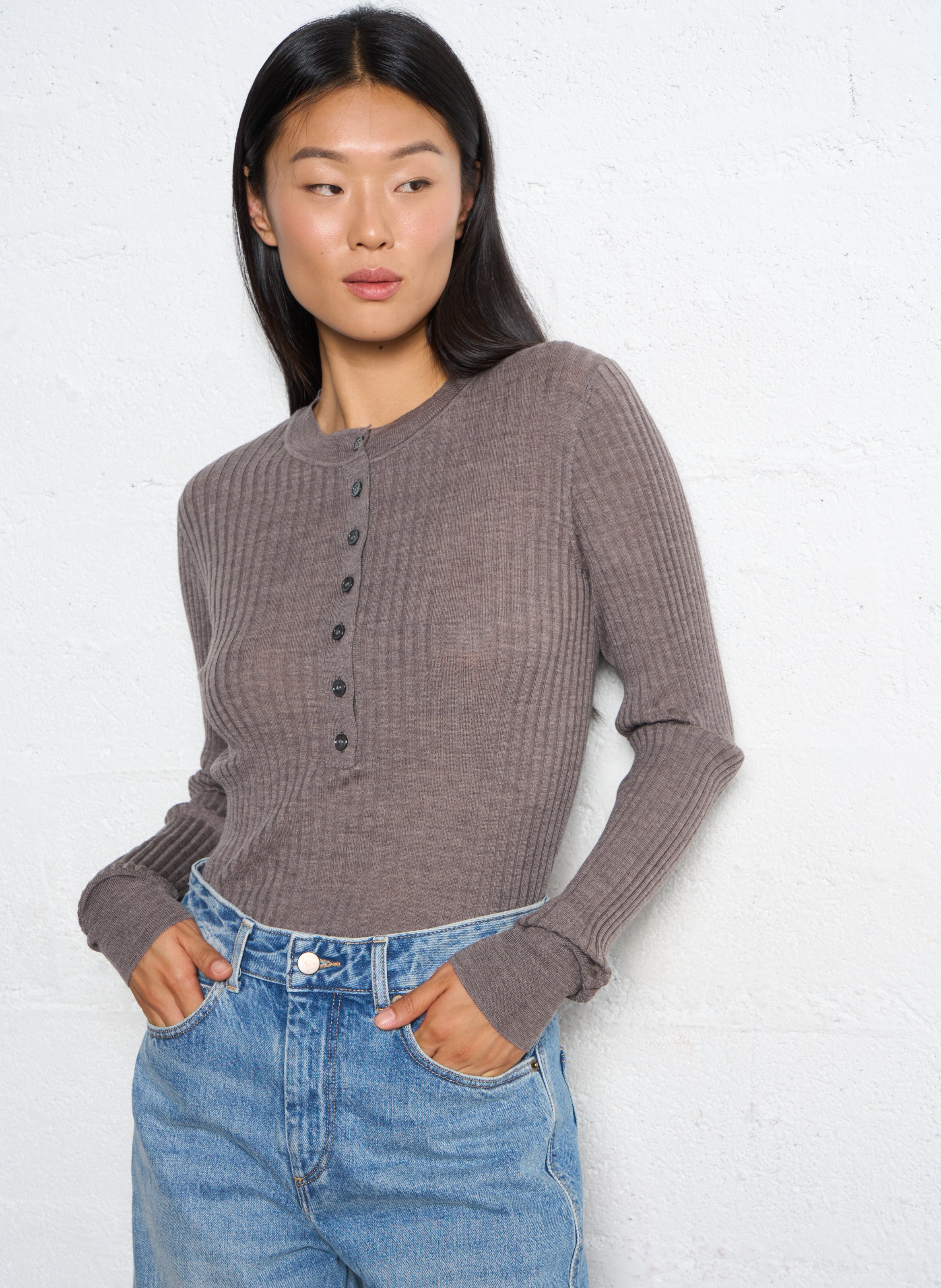 Pull col rond en laine  SOEUR Marron