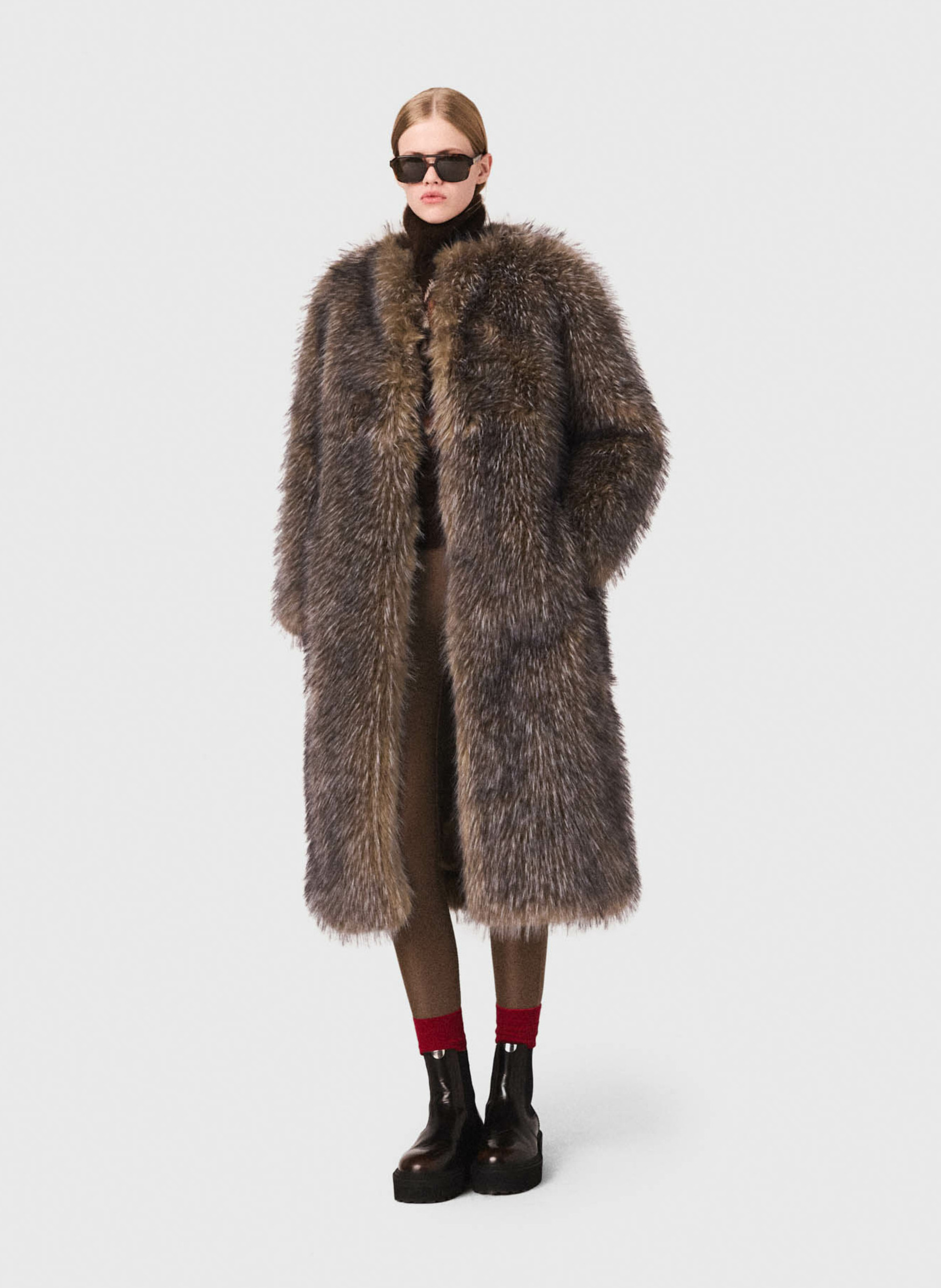 Manteau col rond effet fourrure  MAJE Gris