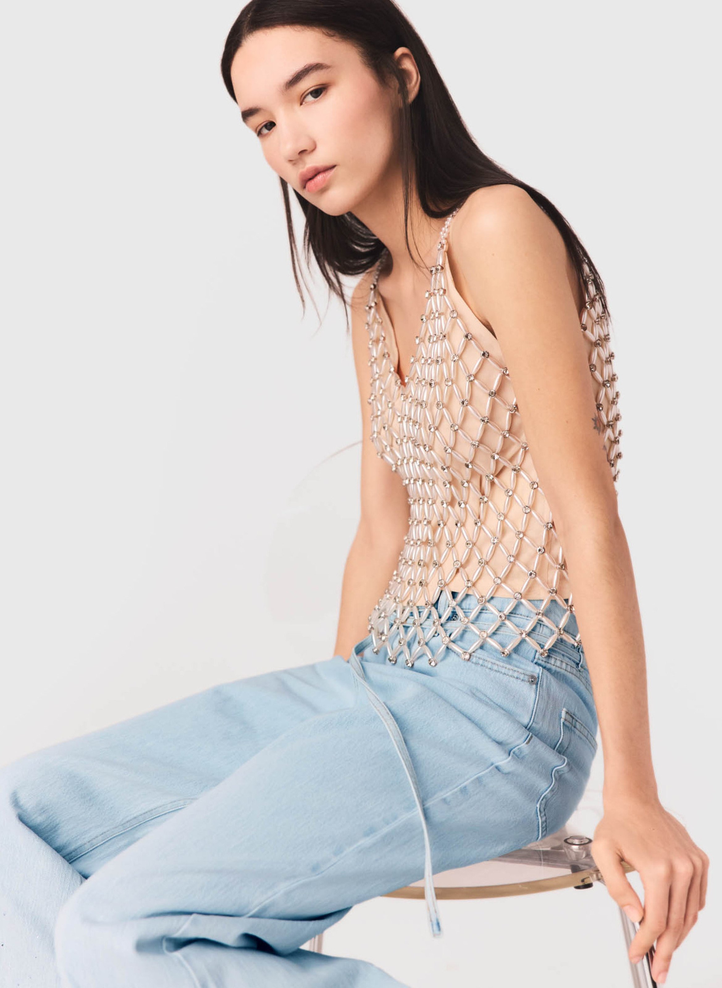 Top met V-hals en strass MAJE Beige